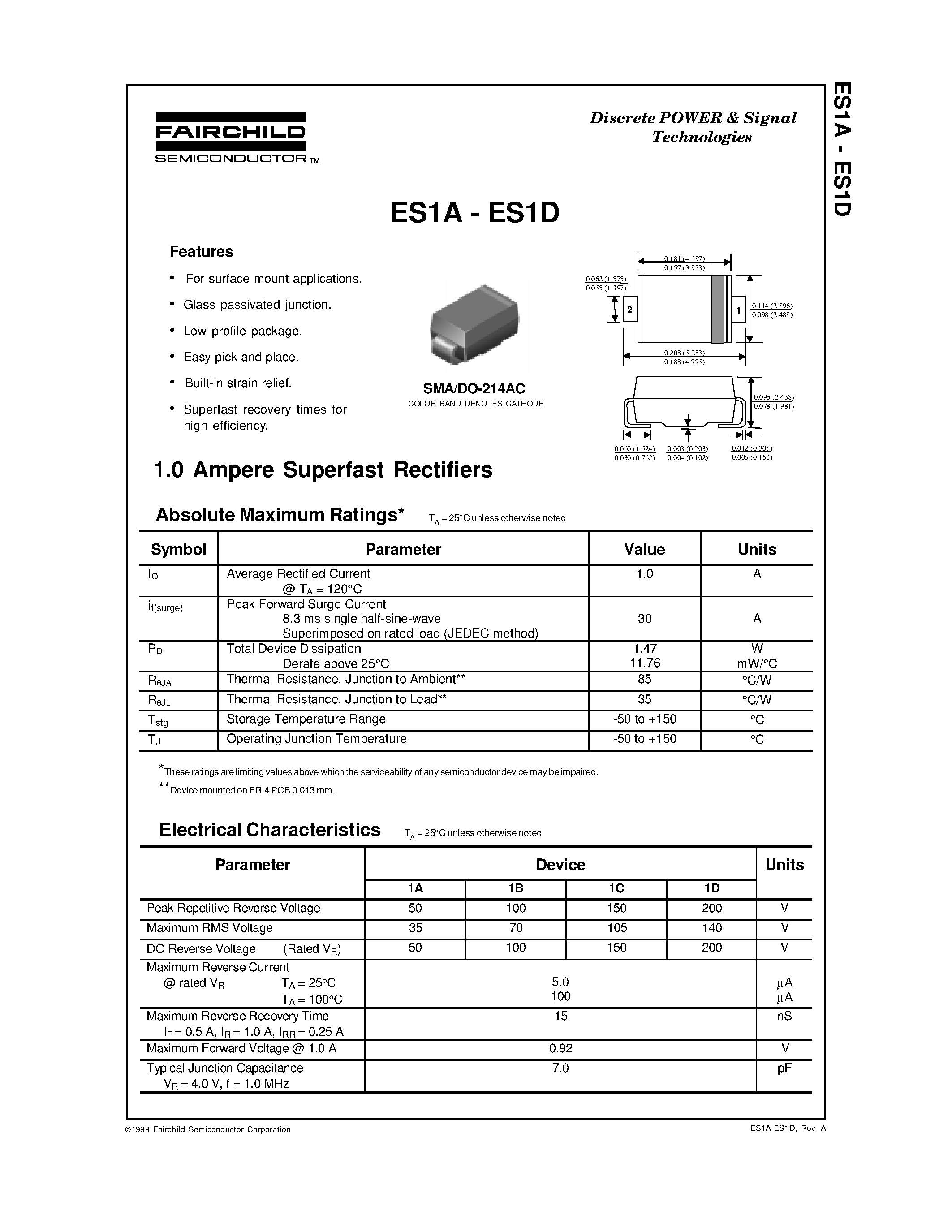 Datasheet ES1D page 1 Datasheet ES1D - 1.0 Ampere Superfast Rectifiers page 1