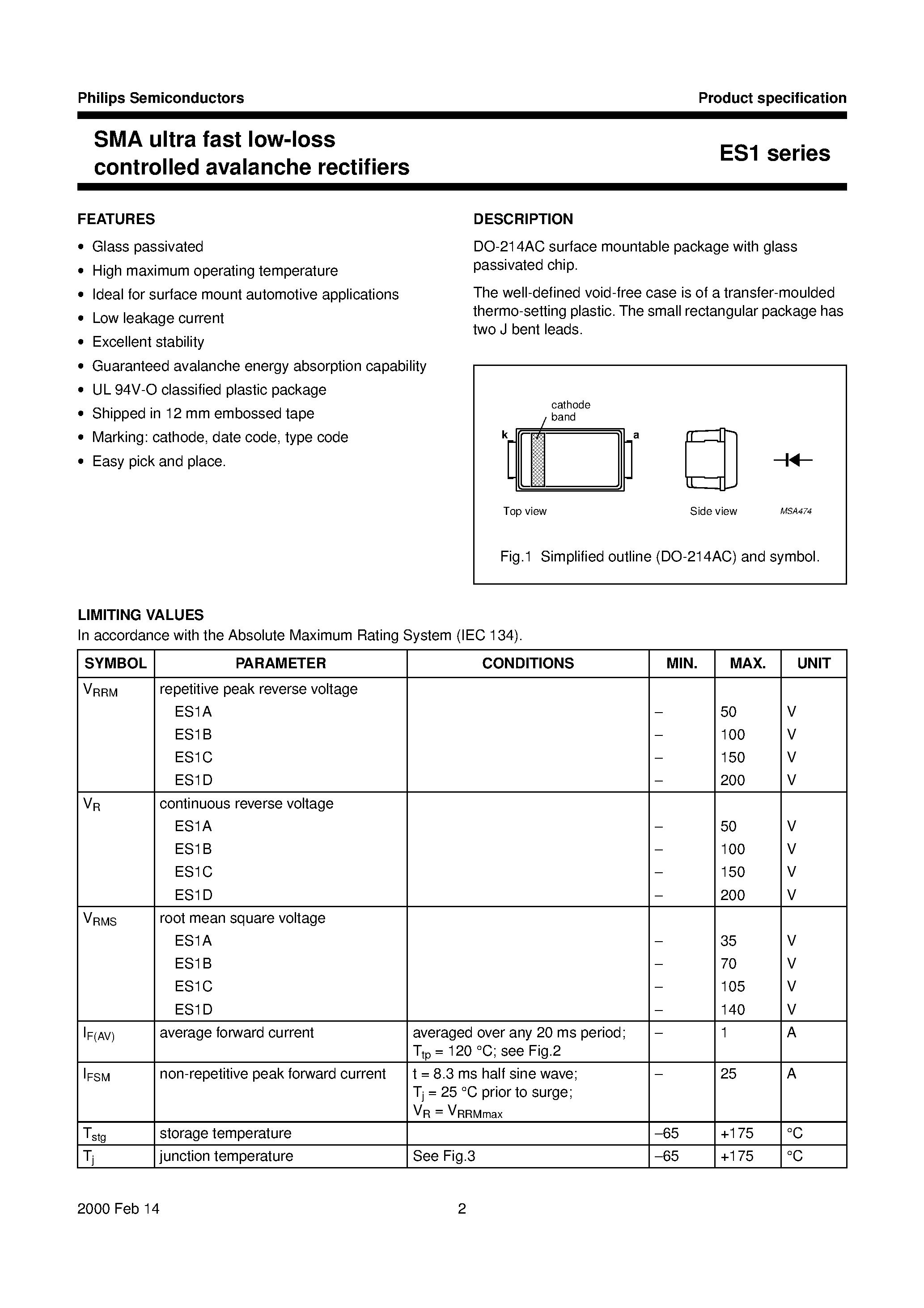 Datasheet ES1D - Ultra fast low-loss controlled avalanche rectifiers page 2