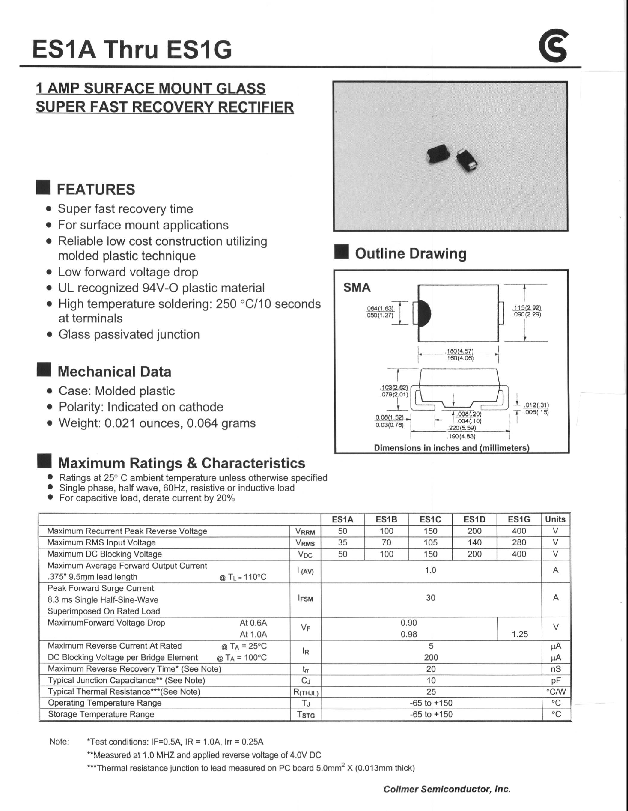 Даташит ES1D - 1 AMP SURFACE MOUNT GLASS SUPER FAST RECOVERY RECTIFIER страница 1