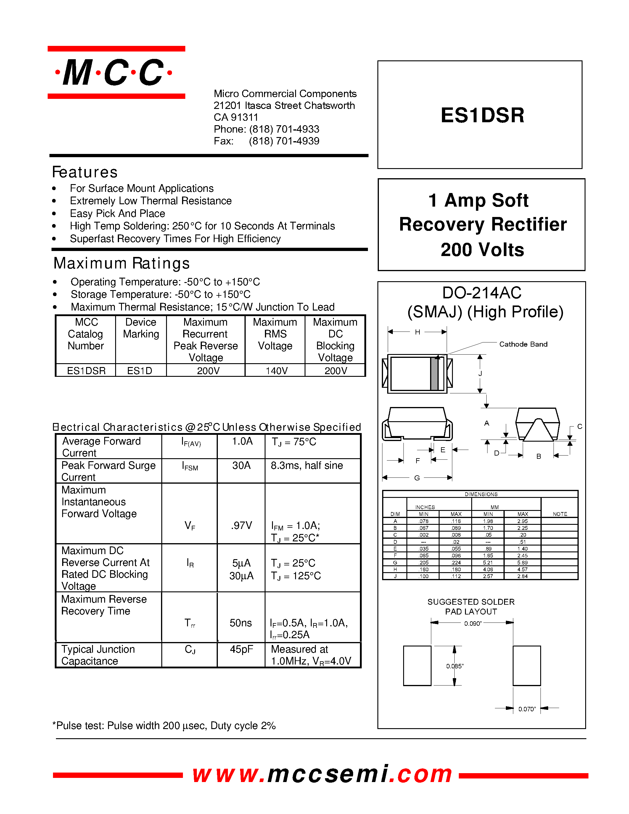 Даташит ES1DSR - 1 Amp Soft Recovery Rectifier 200 Volts страница 1