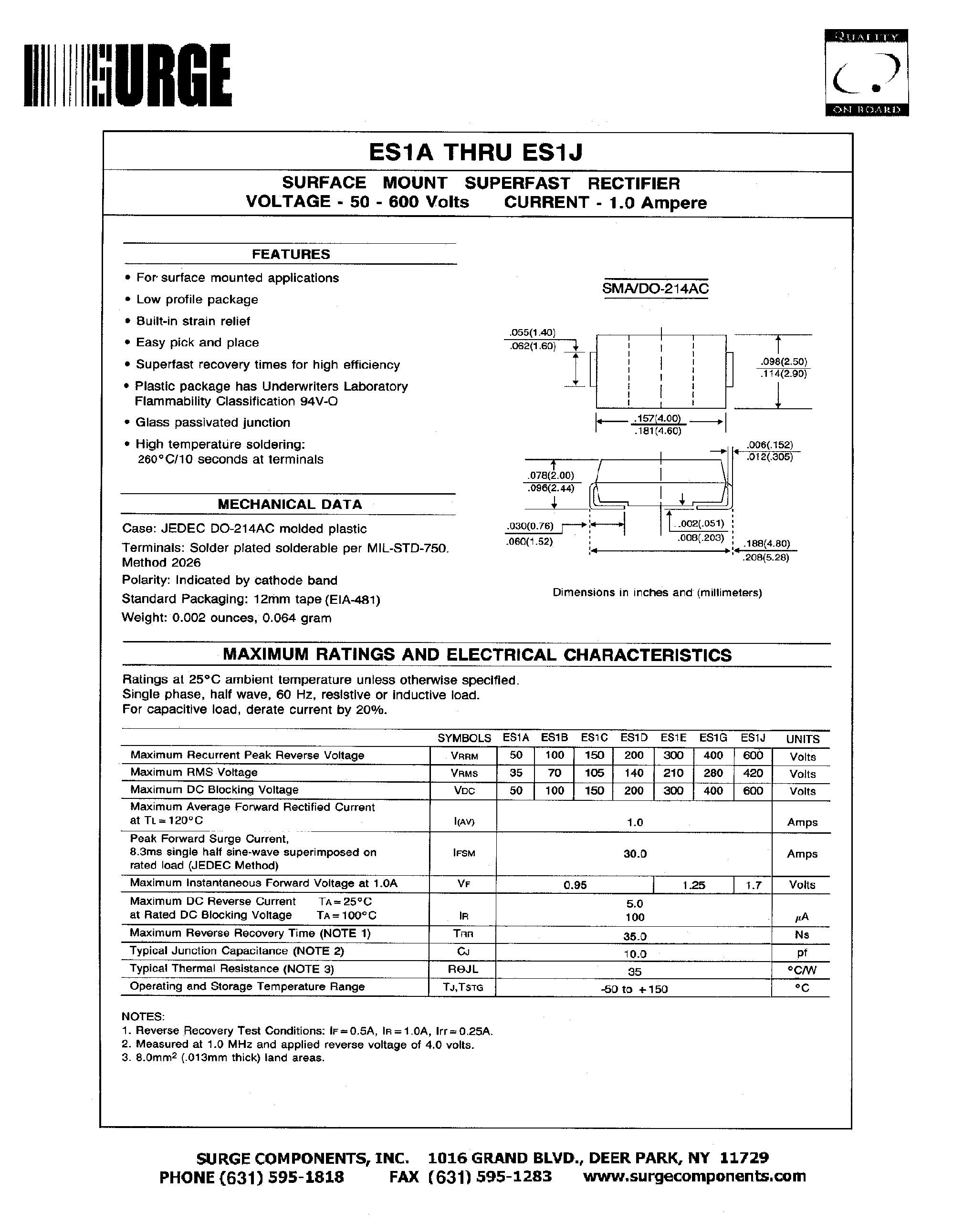 Datasheet ES1J - SURFACE MOUNT SUPERFAST RECTIFIER VOLTAGE - 50 - 600 Volts CURRENT - 1.0 Amperes page 1