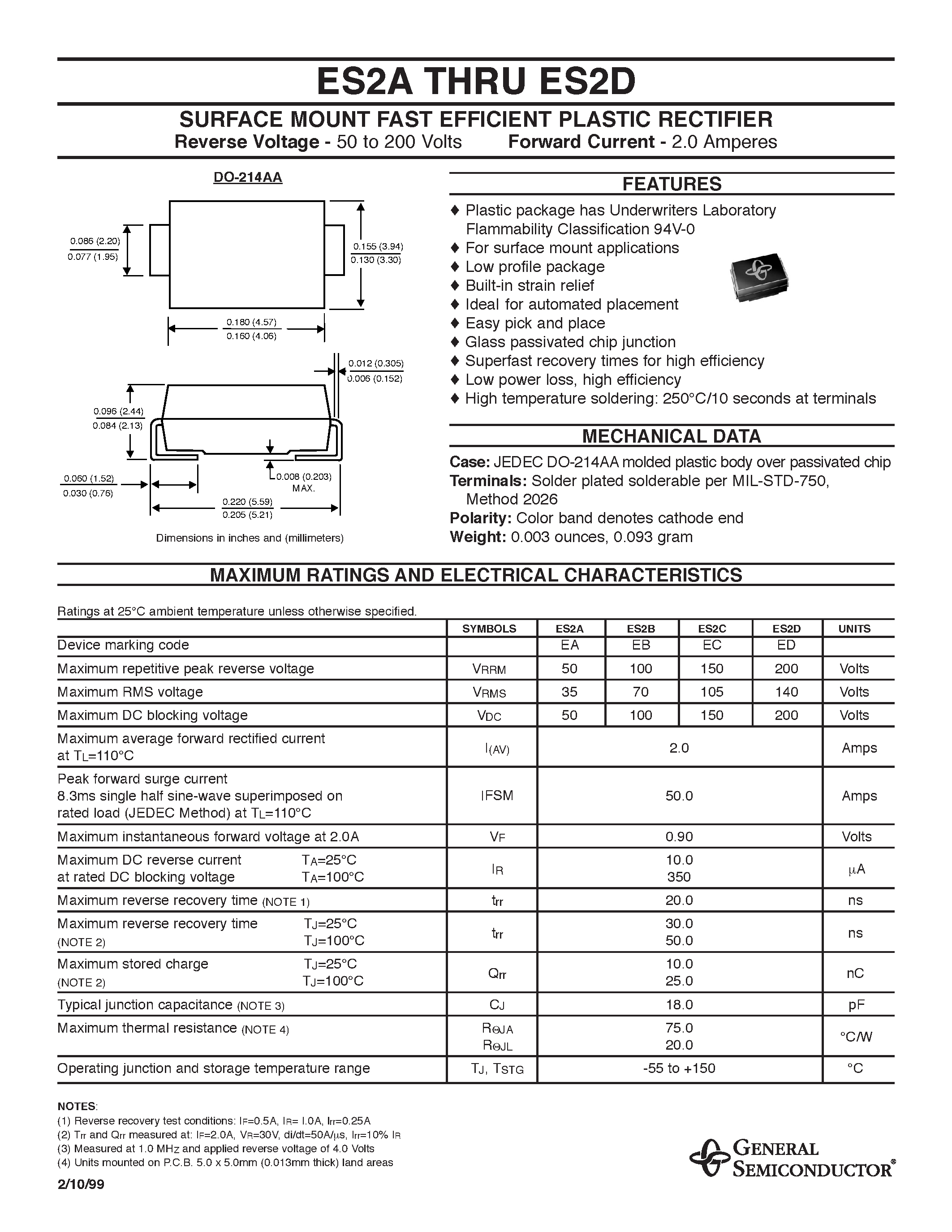 Datasheet ES2A page 1 Datasheet ES2A - SURFACE MOUNT FAST EFFICIENT PLASTIC RECTIFIER page 1