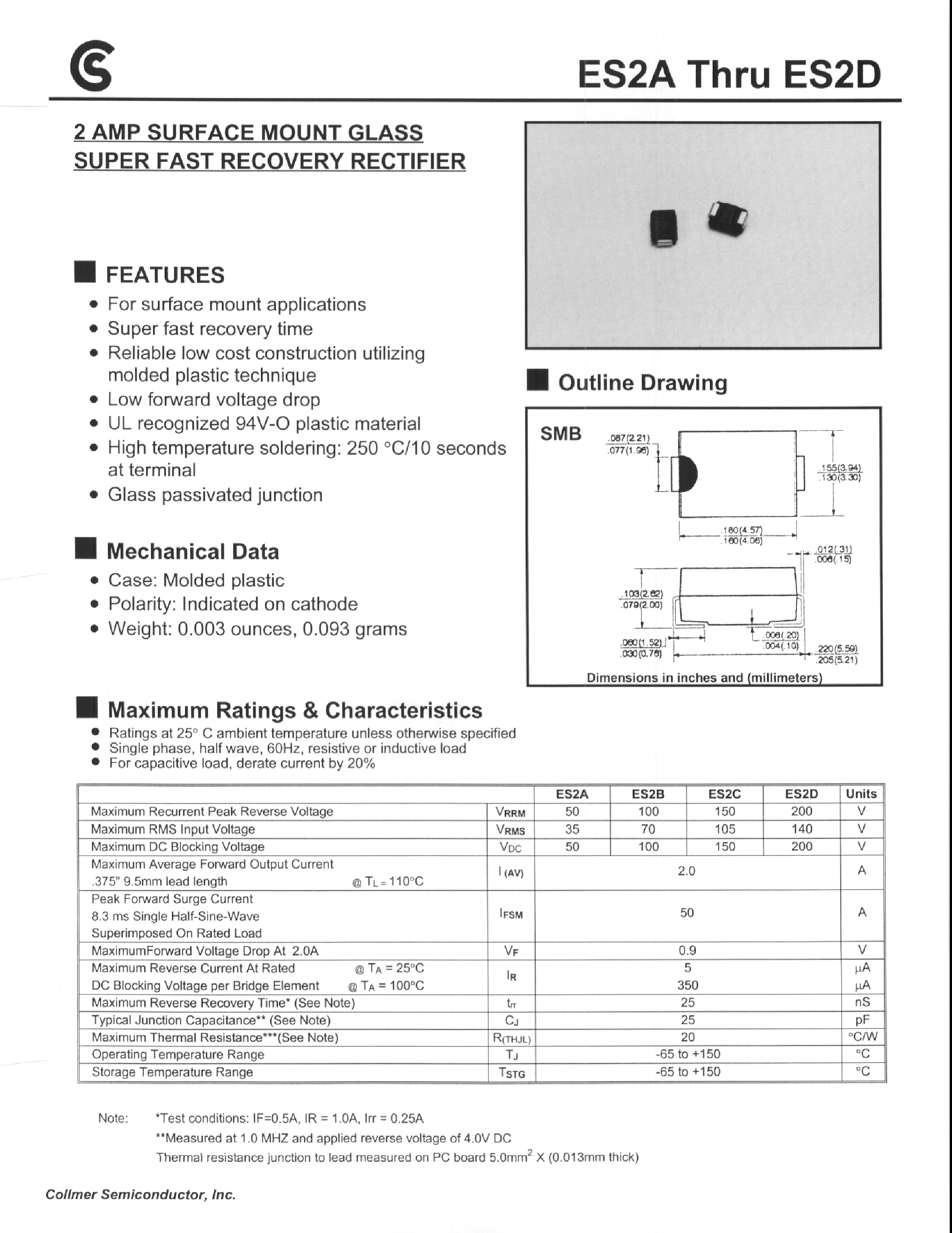 Datasheet ES2B - 2 AMP SURFACE MOUNT GLASS SUPER FAST RECOVERY RECTIFIER page 1