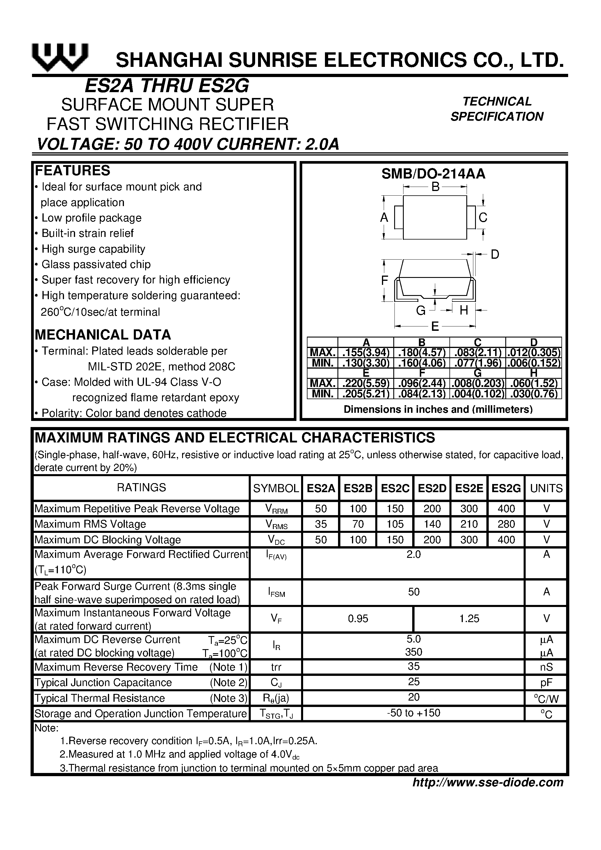 Datasheet ES2E page 1 Datasheet ES2E - SURFACE MOUNT SUPER FAST SWITCHING RECTIFIER page 1