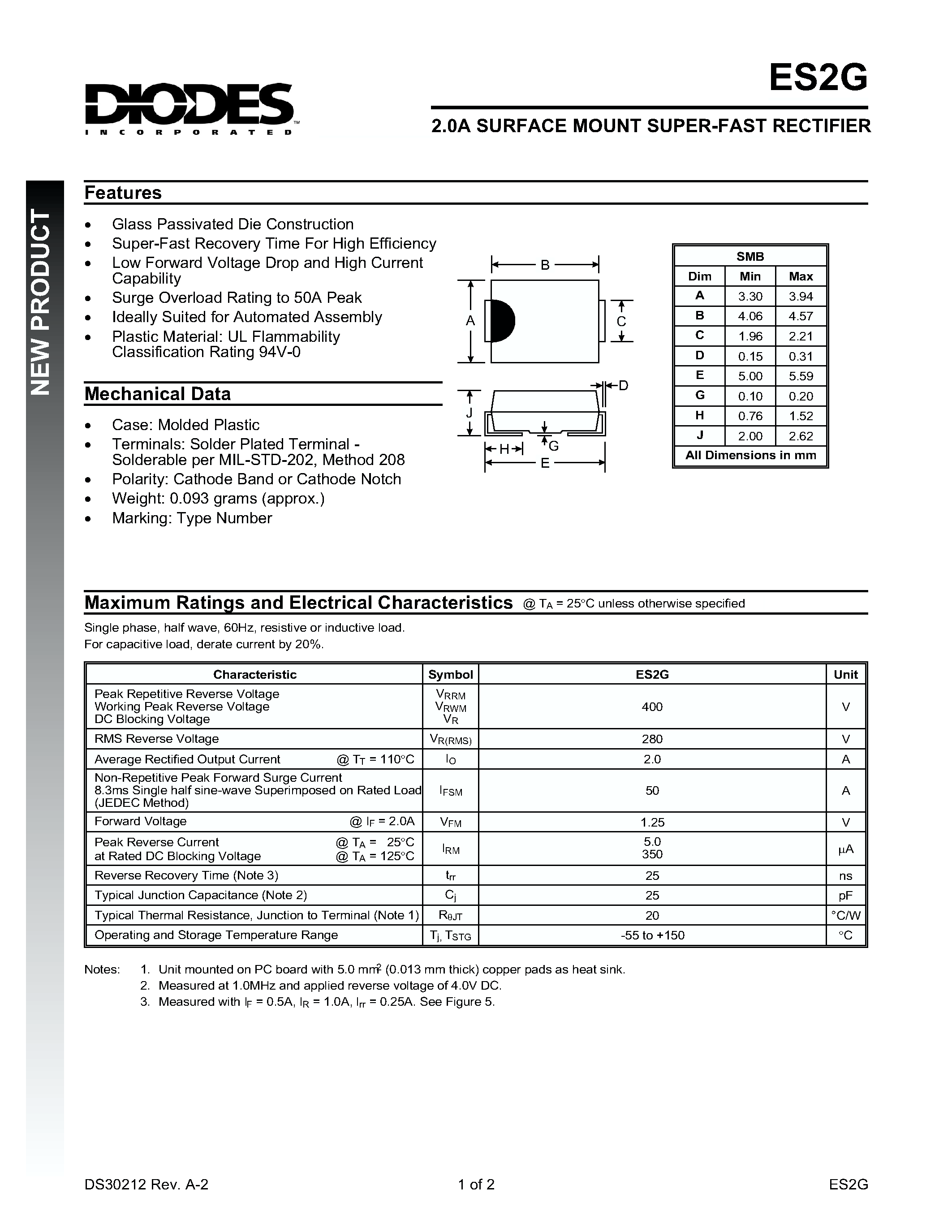 Datasheet ES2G - 2.0A SURFACE MOUNT SUPER-FAST RECTIFIER page 1