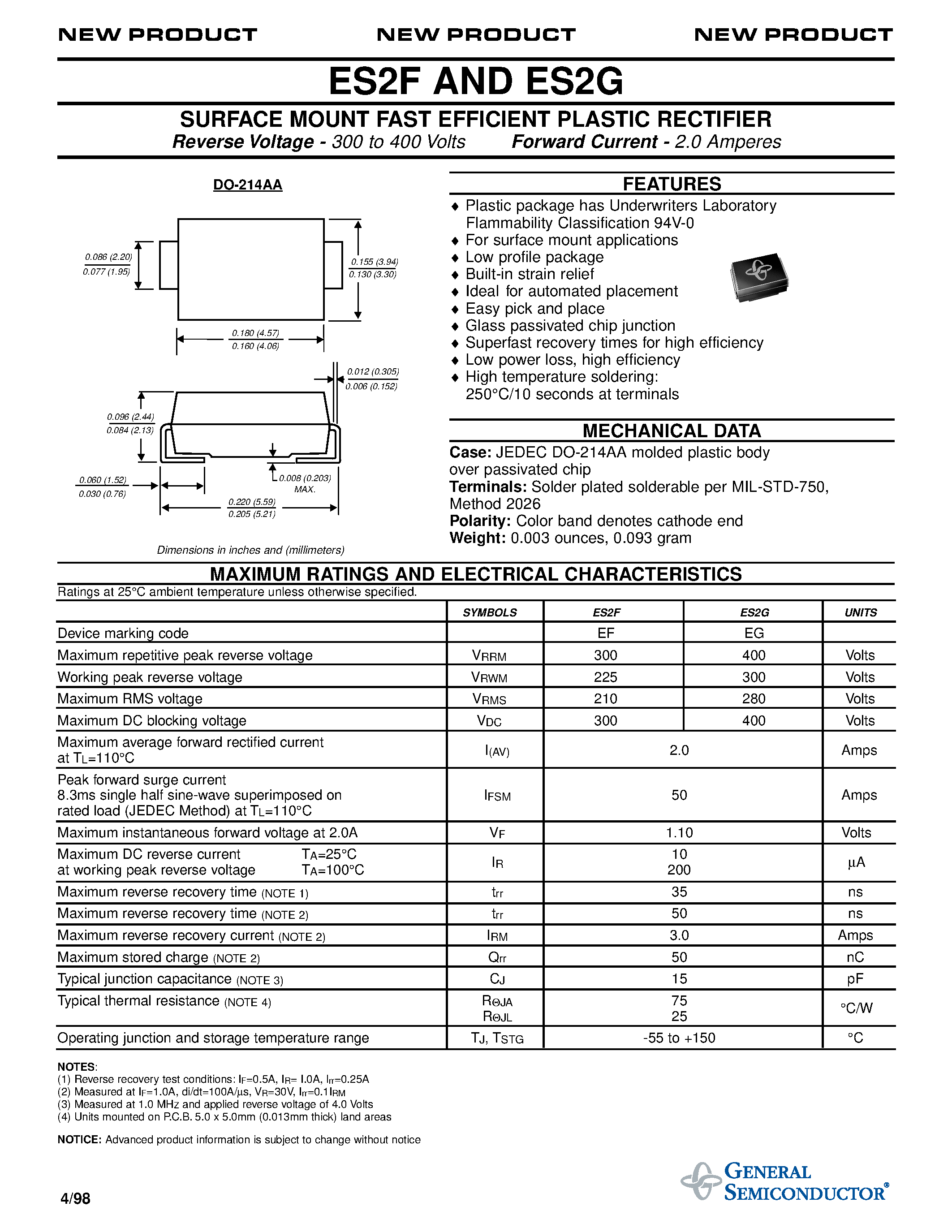 Datasheet ES2G - SURFACE MOUNT FAST EFFICIENT PLASTIC RECTIFIER page 1