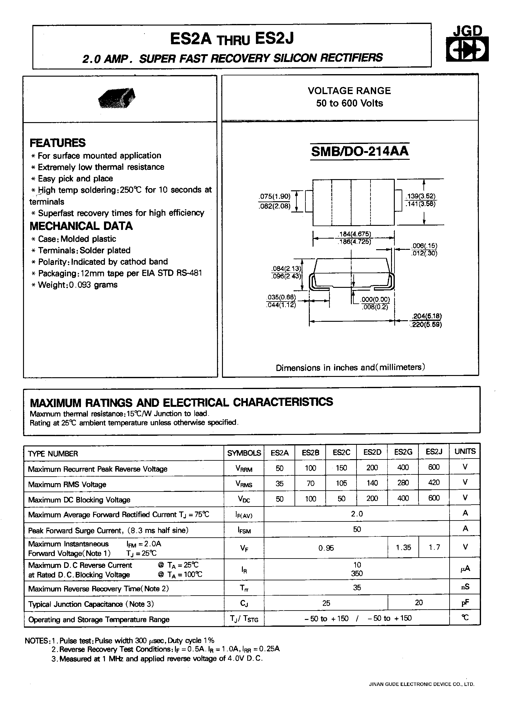 Datasheet ES2J - 2.0AMP. SUPER FAST RECOVRY SILICON RECTIFIERS page 1