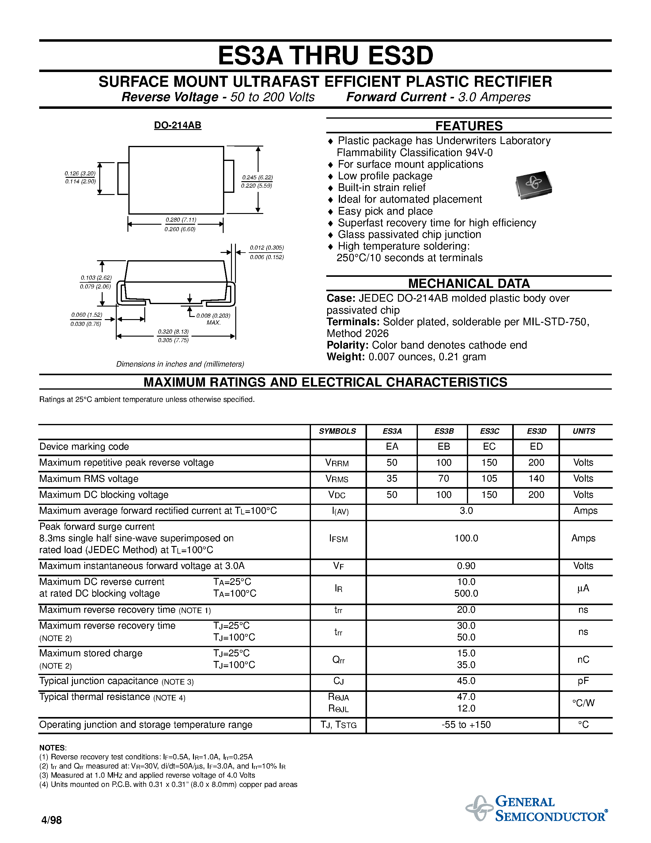 Datasheet ES3B page 1 Datasheet ES3B - SURFACE MOUNT ULTRAFAST EFFICIENT PLASTIC RECTIFIER page 1