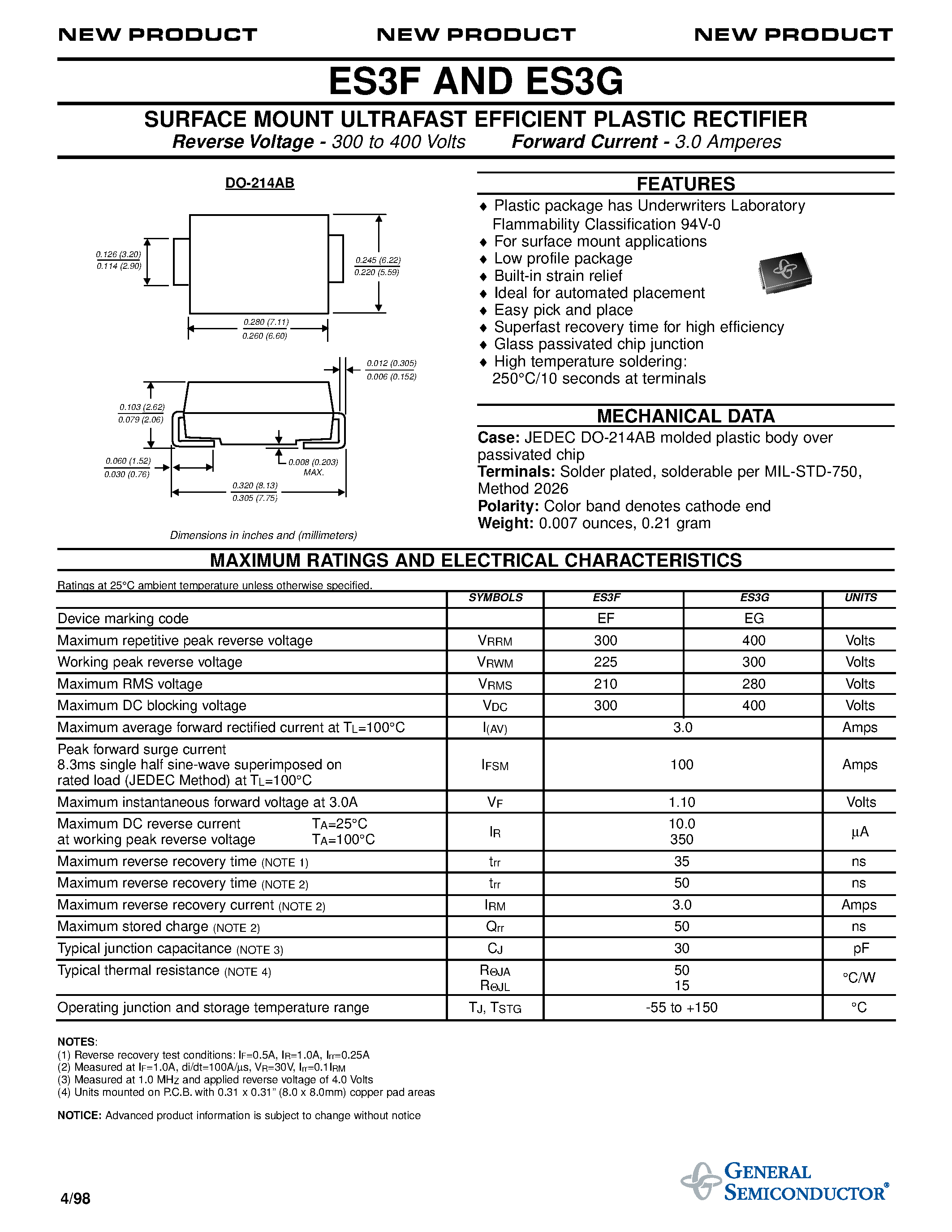 Datasheet ES3F page 1 Datasheet ES3F - SURFACE MOUNT ULTRAFAST EFFICIENT PLASTIC RECTIFIER page 1