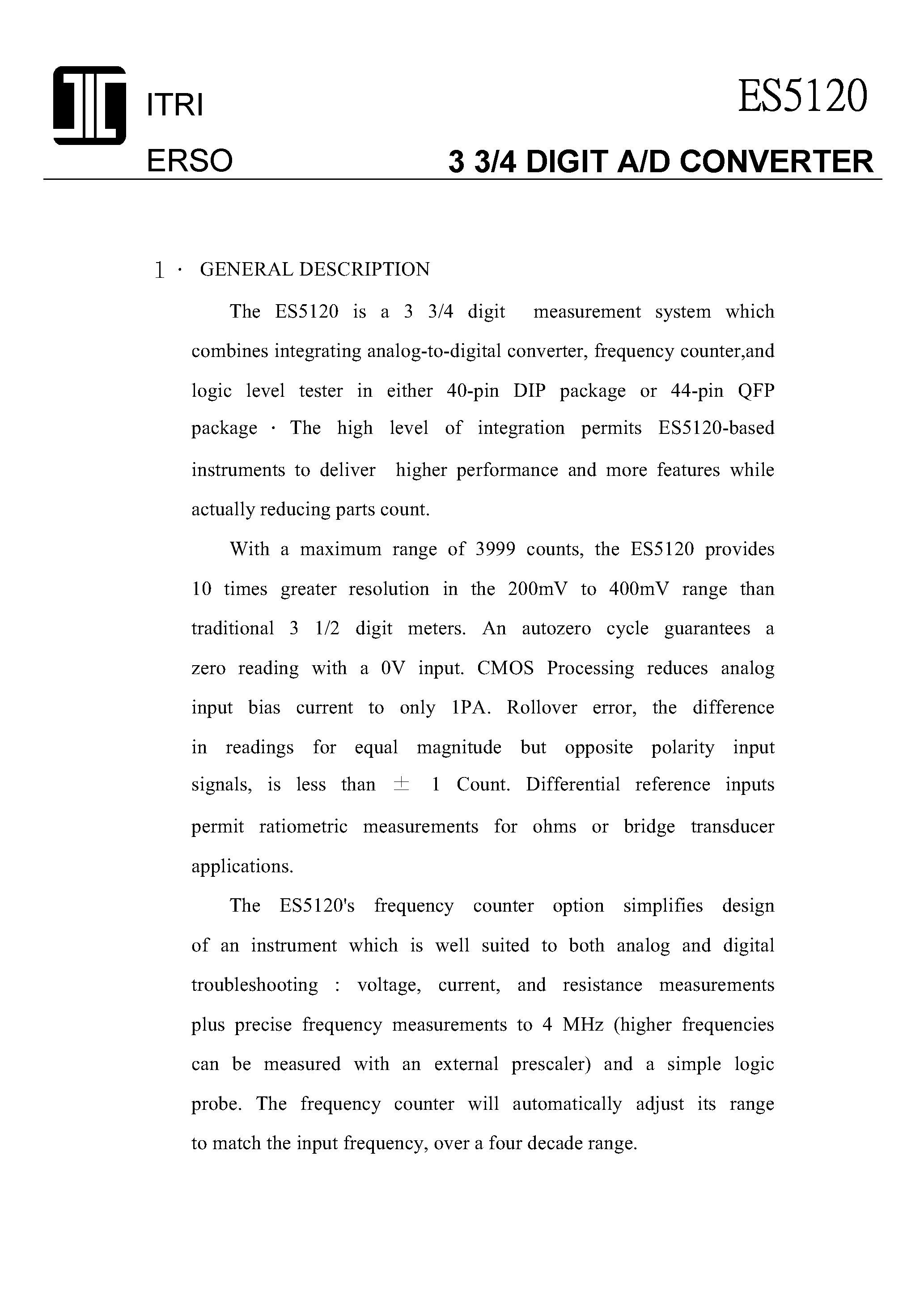 Даташит на микросхему ES5120 страница 1 Даташит ES5120 - 3 3/4 DIGIT A/D CONVERTER страница 1