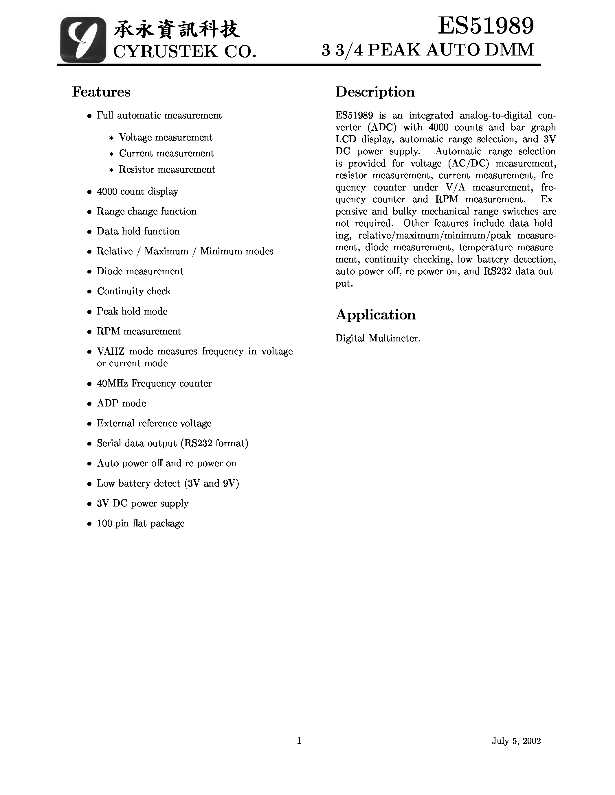 Datasheet ES51989 - 3 3/4 PEAK AUTO DMM page 1
