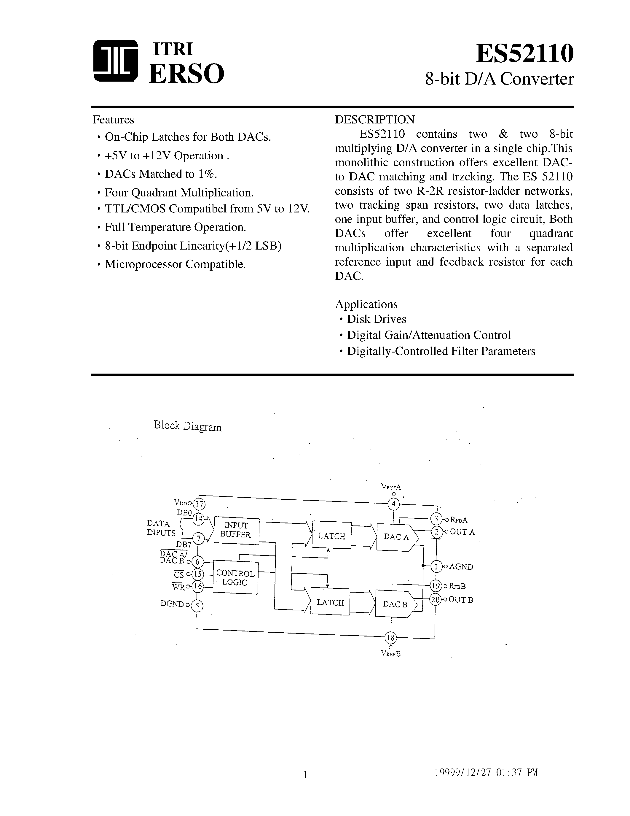 Даташит на микросхему ES52110 страница 1 Даташит ES52110 - 8-bit D/A Converter страница 1