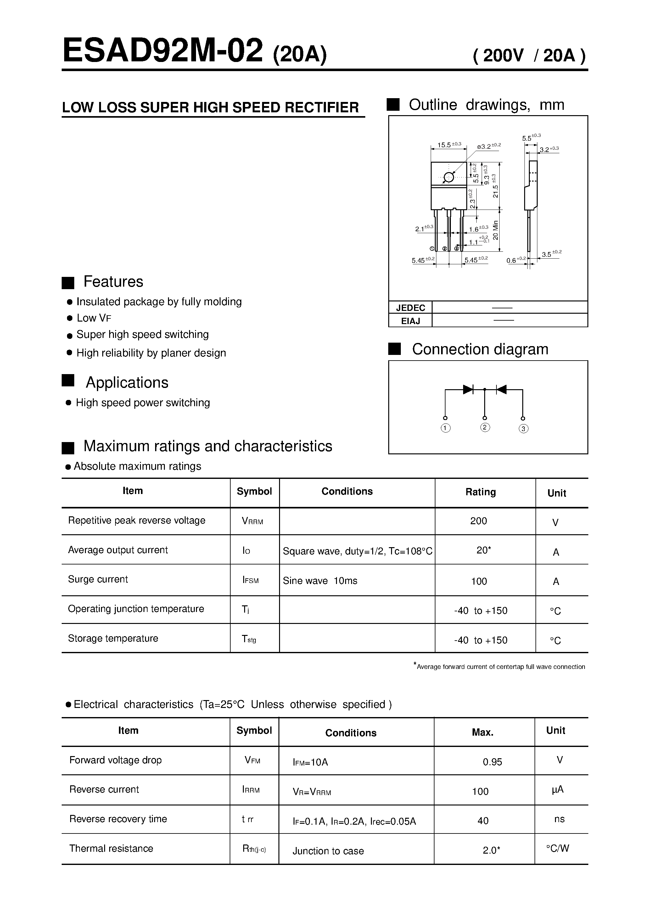 Datasheet ESAD92M-02 page 1 Datasheet ESAD92M-02 - LOW LOSS SUPER HIGH SPEED RECTIFIER page 1