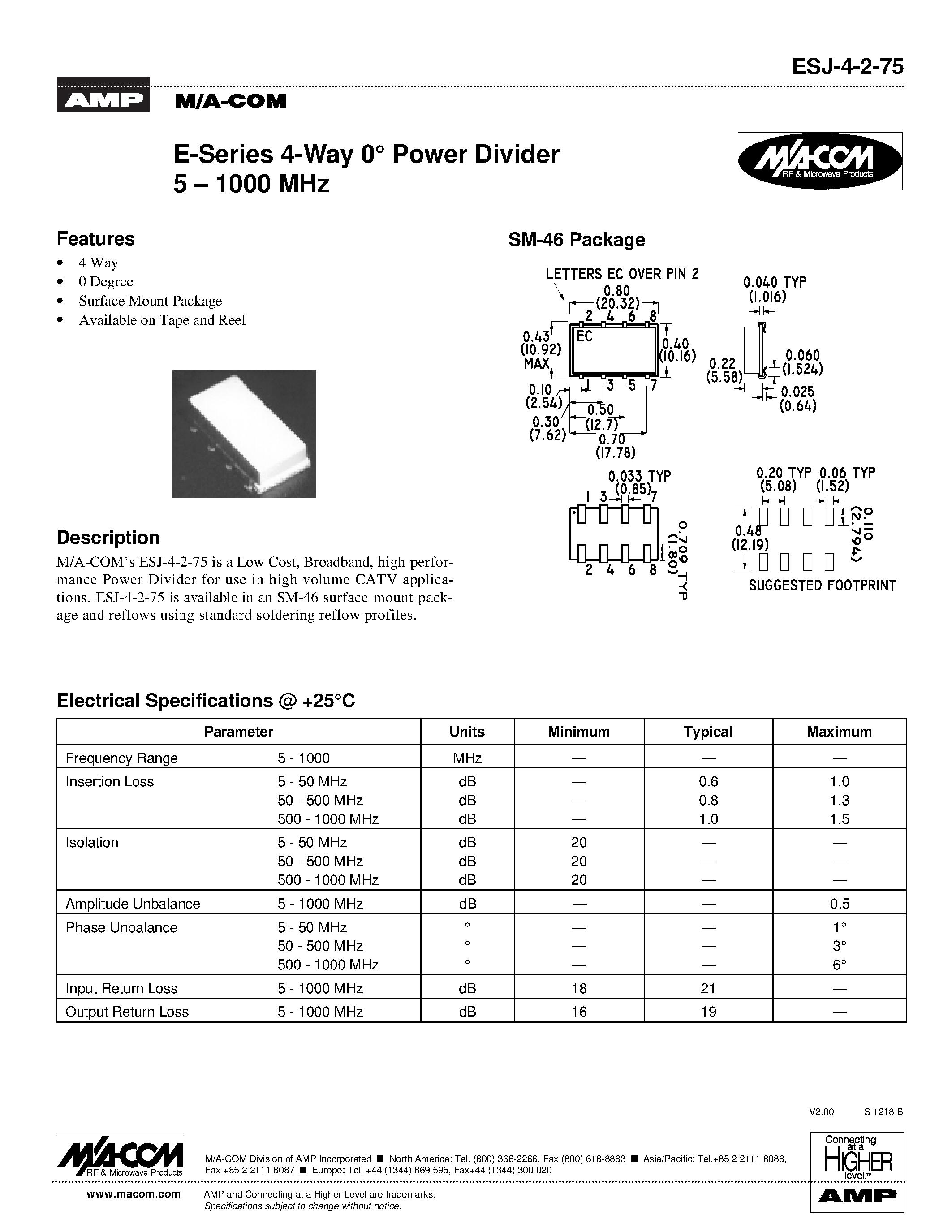 Даташит ESJ-4-2-75-E-Series 4-Way 0 Power Divider 5 - 1000 MHz страница 1
