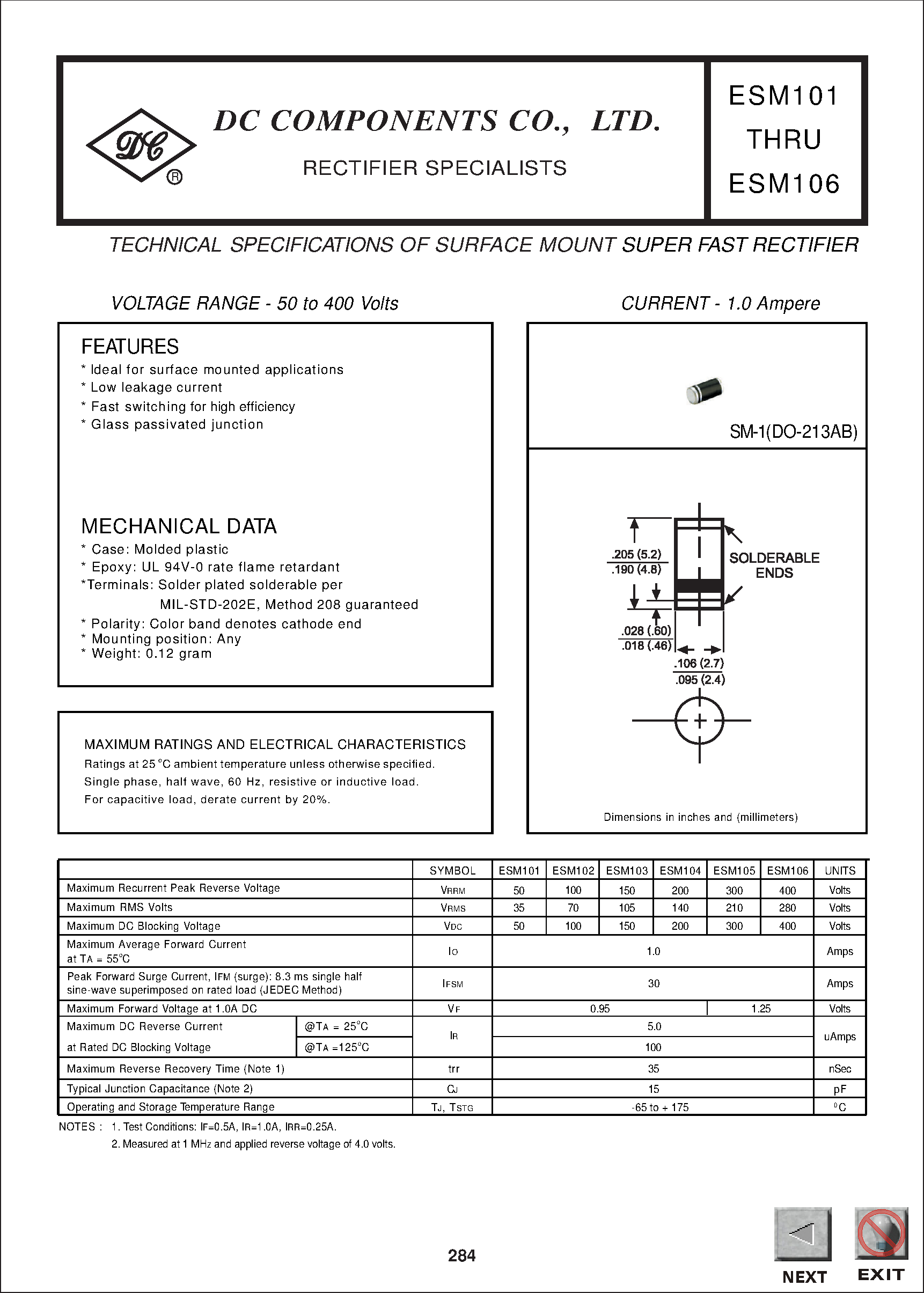 Datasheet ESM103 page 1 Datasheet ESM103 - TECHNICAL SPECIFICATIONS OF SURFACE MOUNT SUPER FAST RECTIFIER page 1