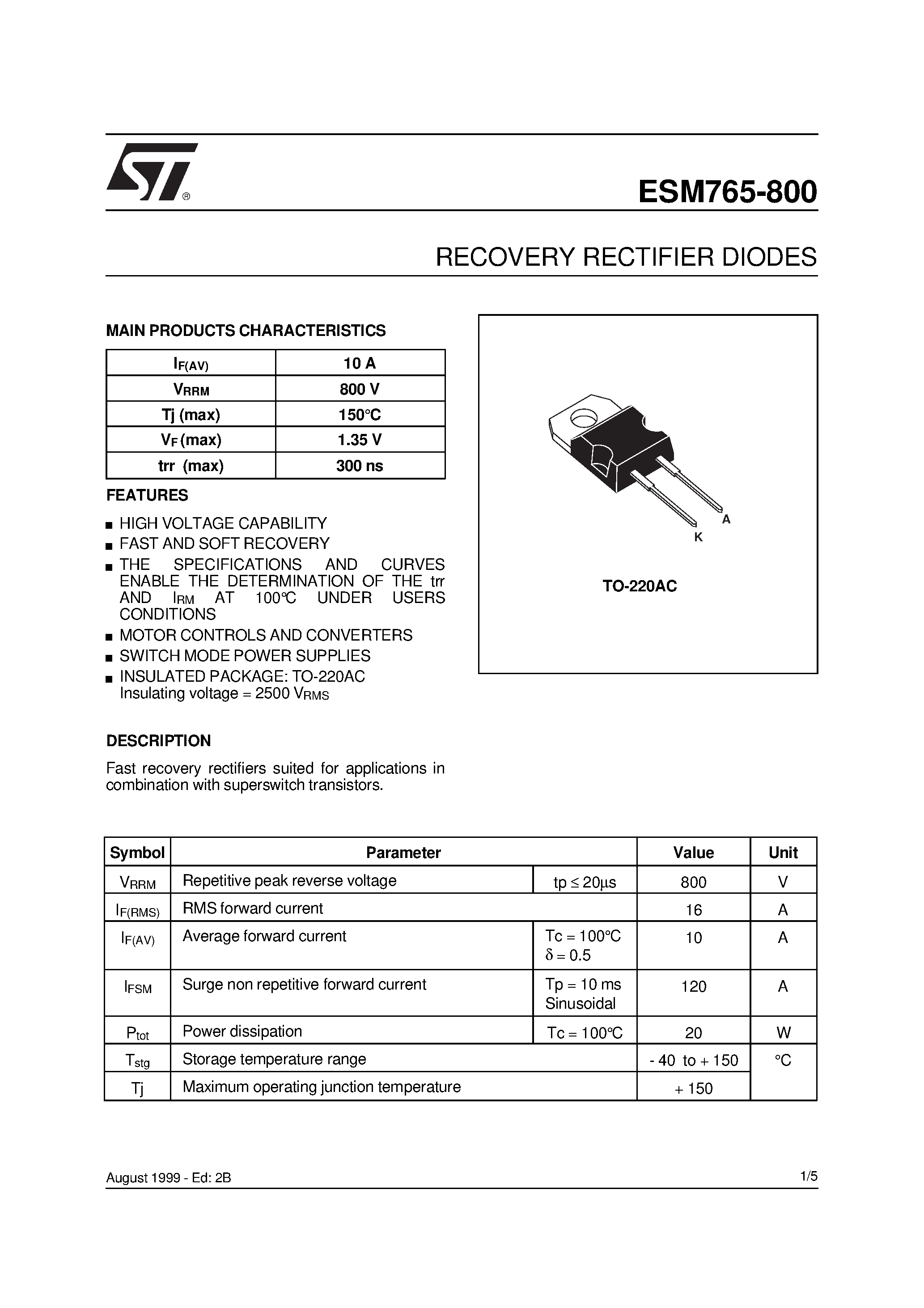Datasheet ESM765-800 page 1 Datasheet ESM765-800 - RECOVERY RECTIFIER DIODES page 1