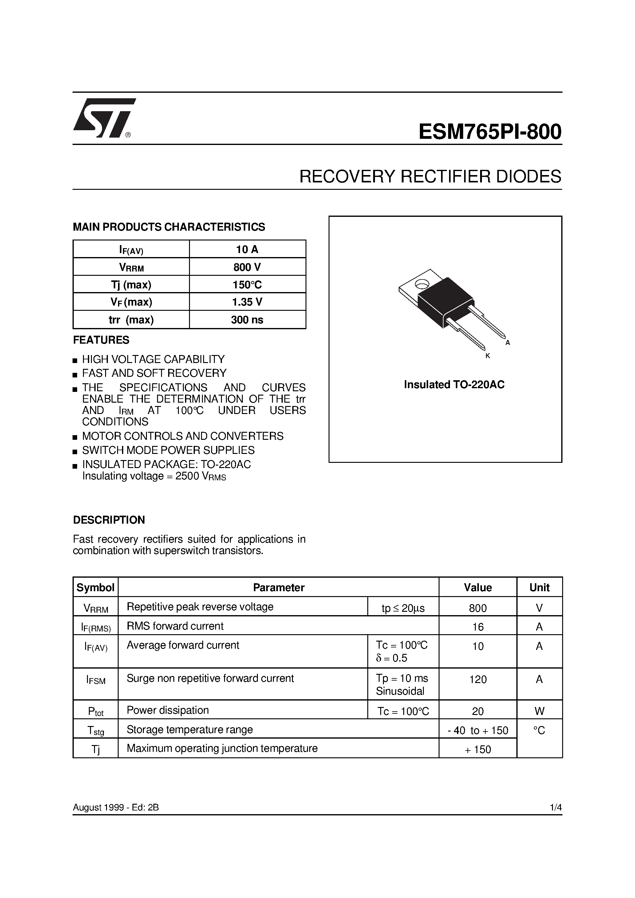 Datasheet ESM765PI-800 page 1 Datasheet ESM765PI-800 - RECOVERY RECTIFIER DIODES page 1