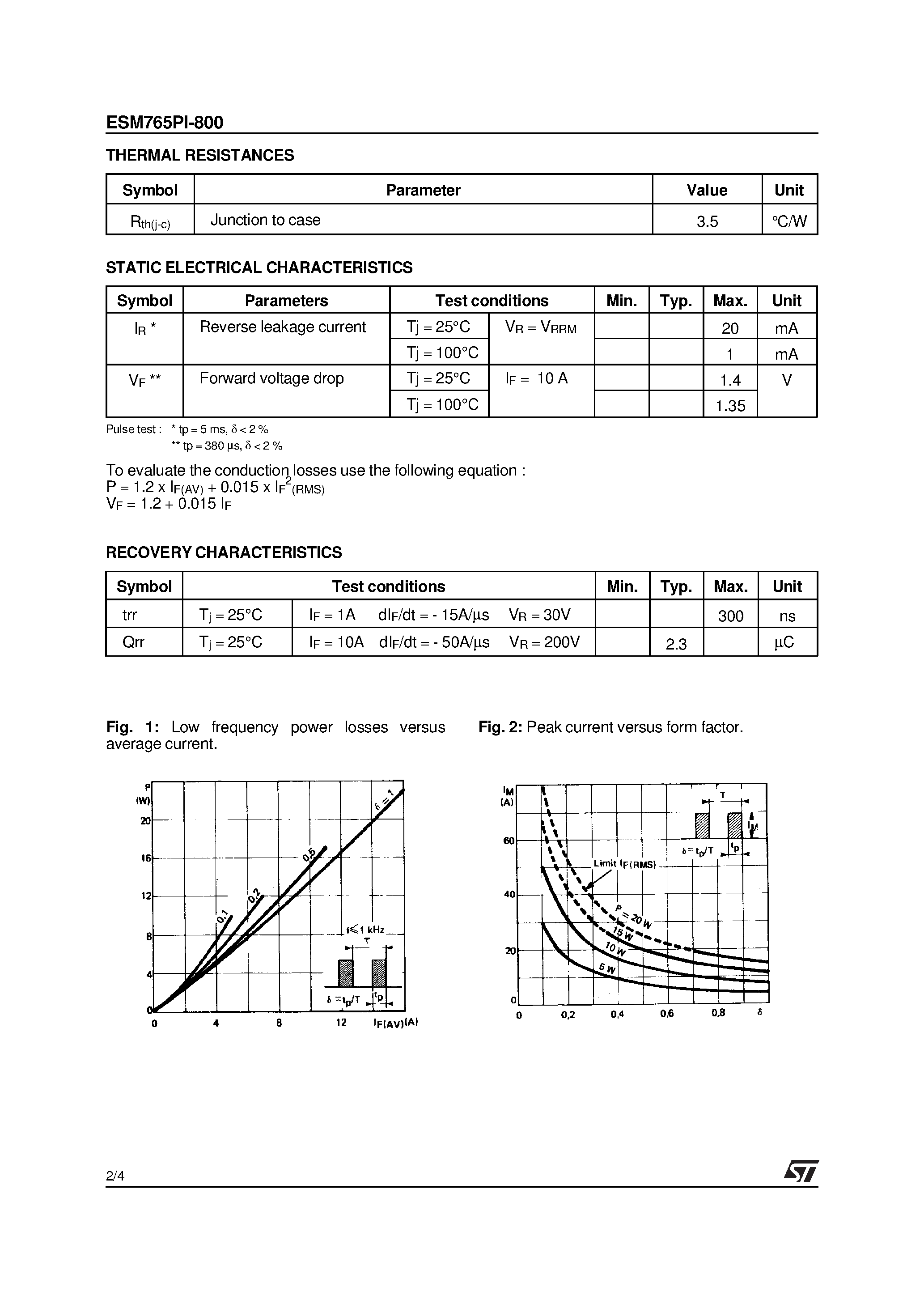 Datasheet ESM765PI-800 page 2 Datasheet ESM765PI-800 - RECOVERY RECTIFIER DIODES page 2