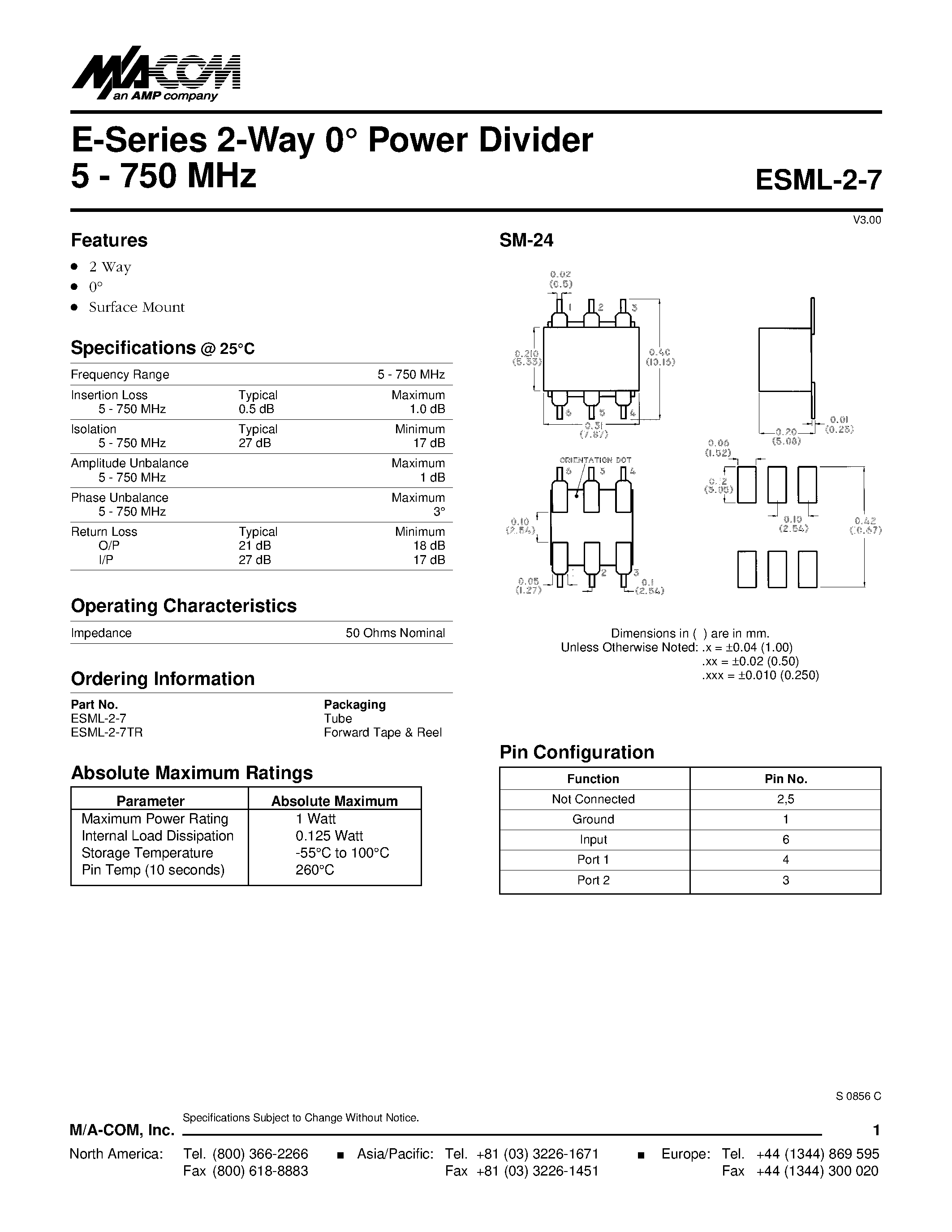 Datasheet ESML-2-7 page 1 Datasheet ESML-2-7 - E-Series 2-Way 0 Power Divider 5 - 750 MHz page 1