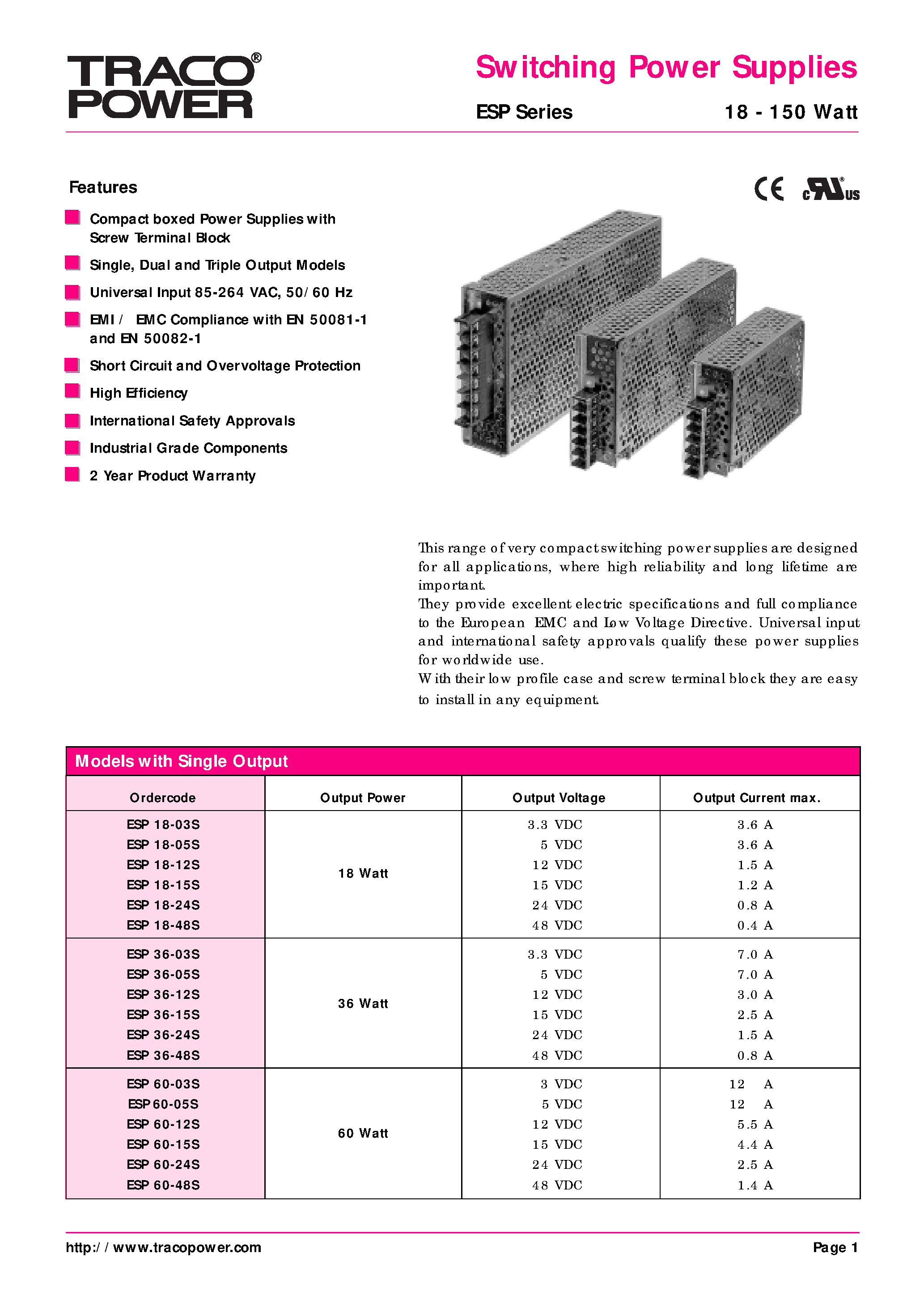 Даташит на микросхему ESP150-48S страница 1 Даташит ESP150-48S - Switching Power Supplies страница 1