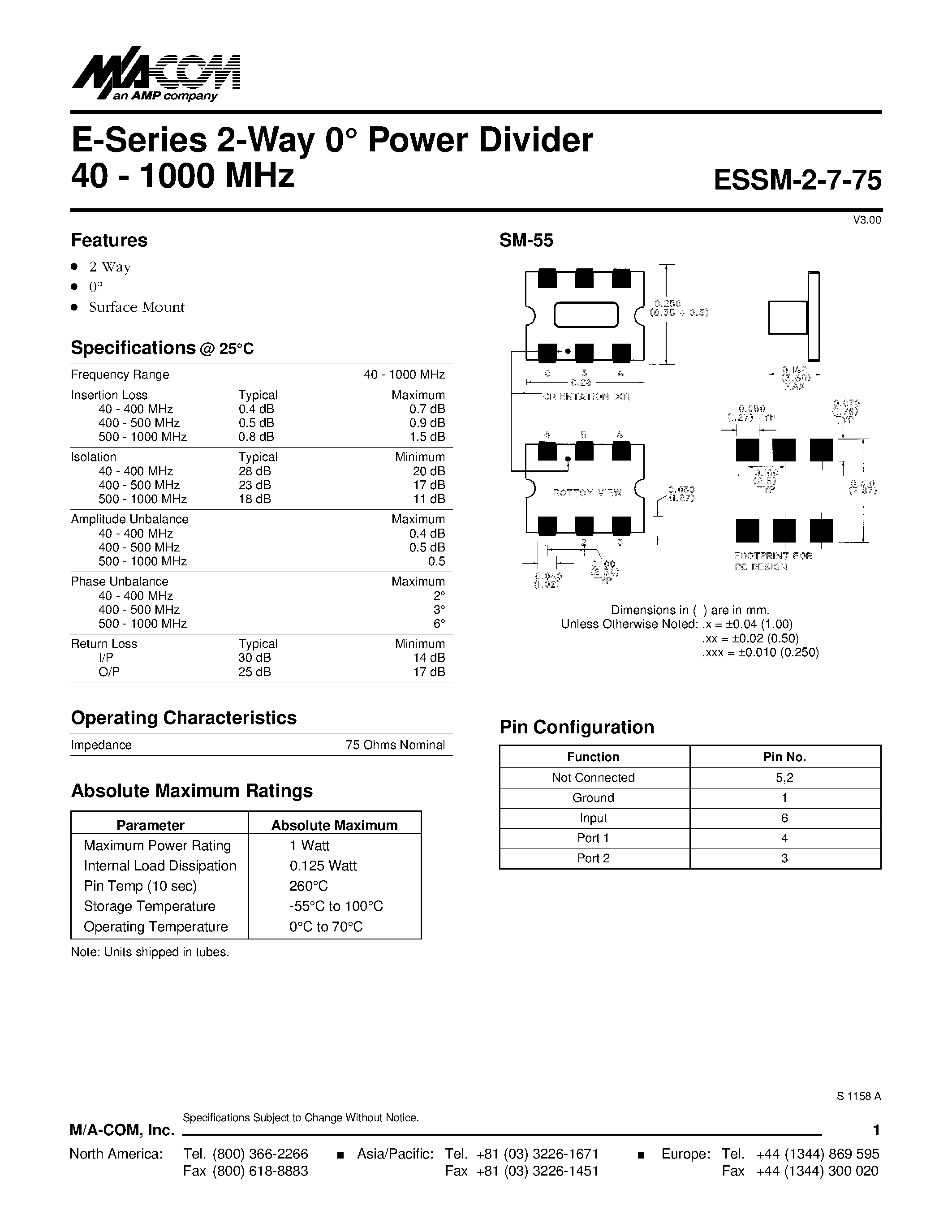 Даташит ESSM-2-7-75 - E-Series 2-Way 0 Power Divider 40 - 1000 MHz страница 1