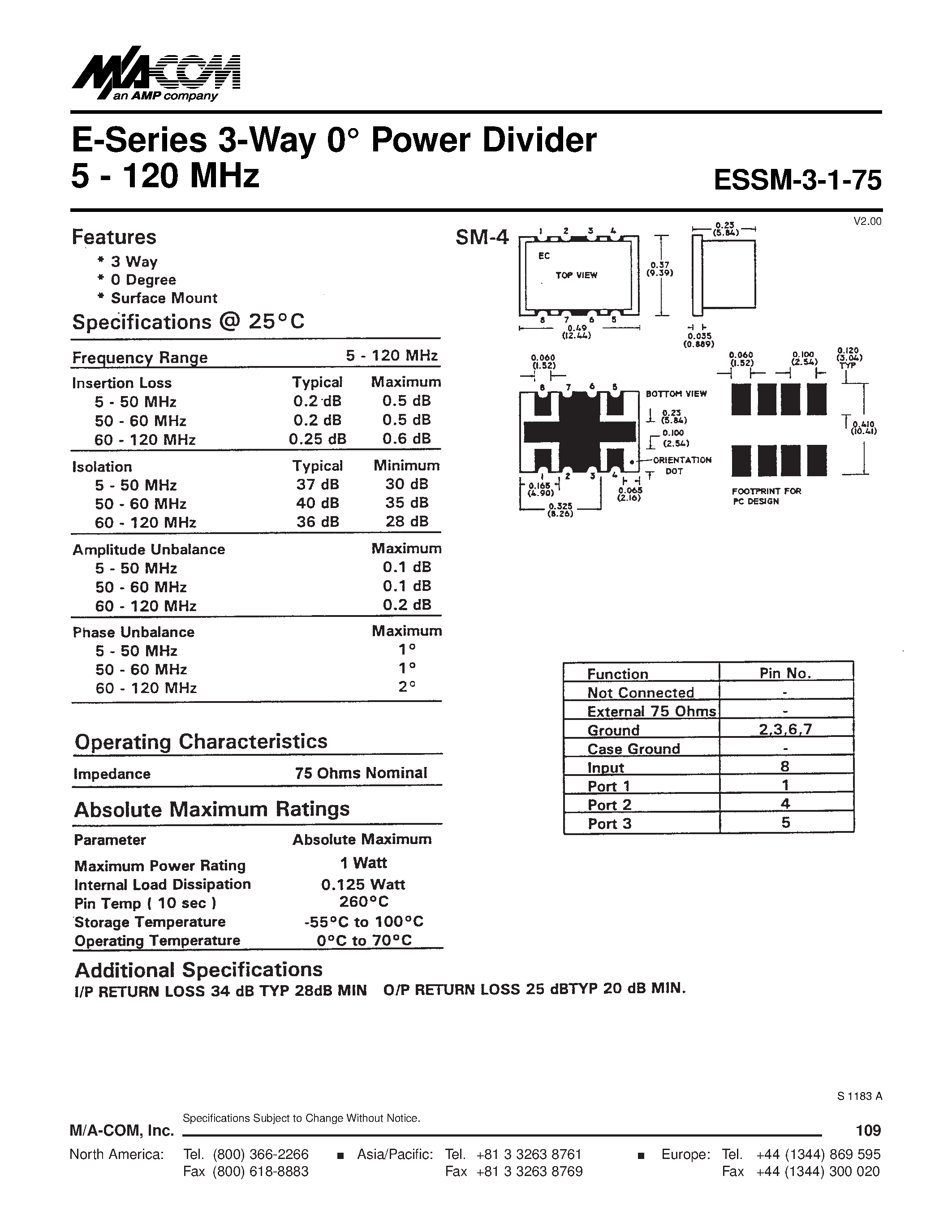 Datasheet ESSM-3-1-75 - E-Series 3-Way 0 Power Divider 5 - 120 MHz page 1