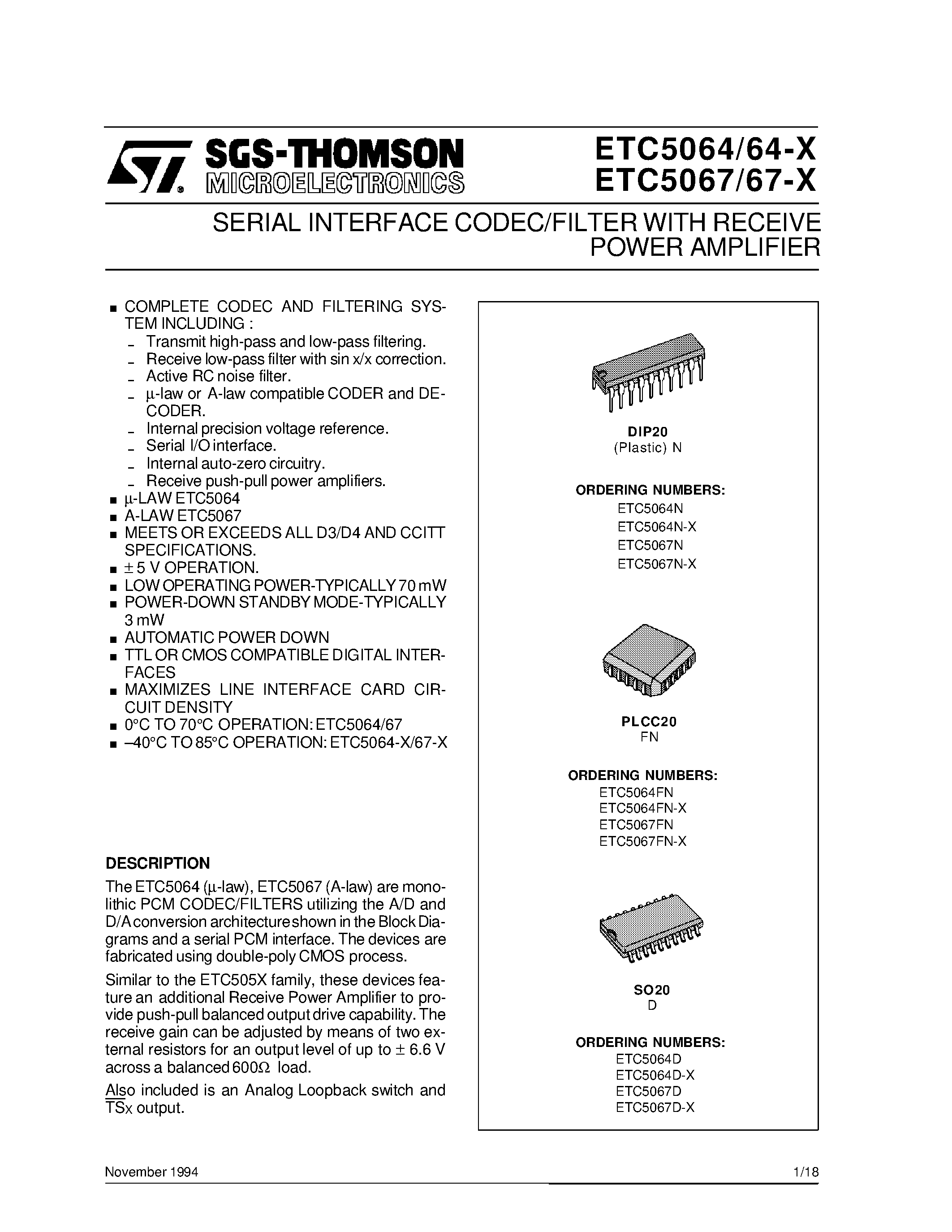 Datasheet ETC5064-X page 1 Datasheet ETC5064-X - POWER AMPLIFIER SERIAL INTERFACE CODEC/FILTERWITH RECEIVE page 1