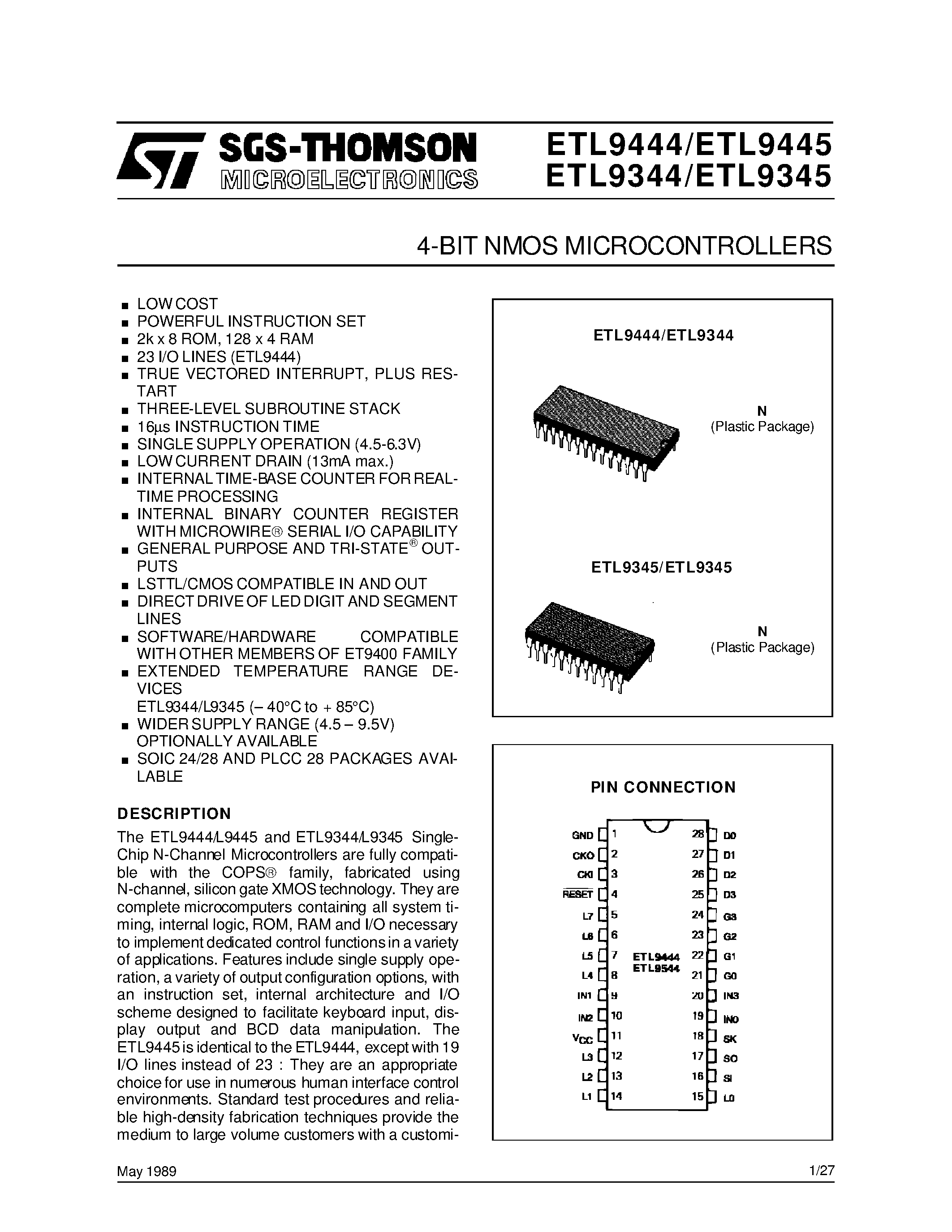 Даташит ETL9344 - 4-BIT NMOS MICROCONTROLLERS страница 1