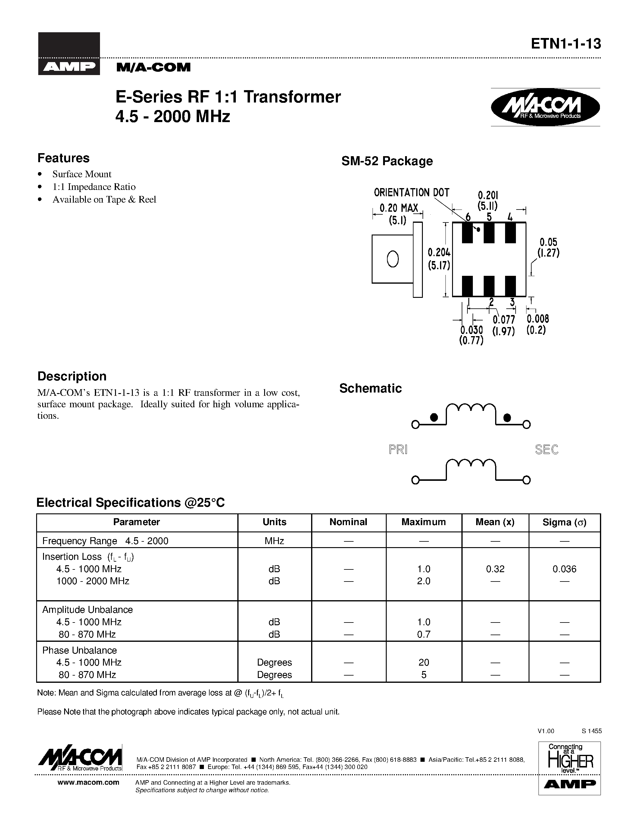 Даташит ETN1-1-13 - E-Series RF 1:1 Transformer 4.5 - 2000 MHz страница 1