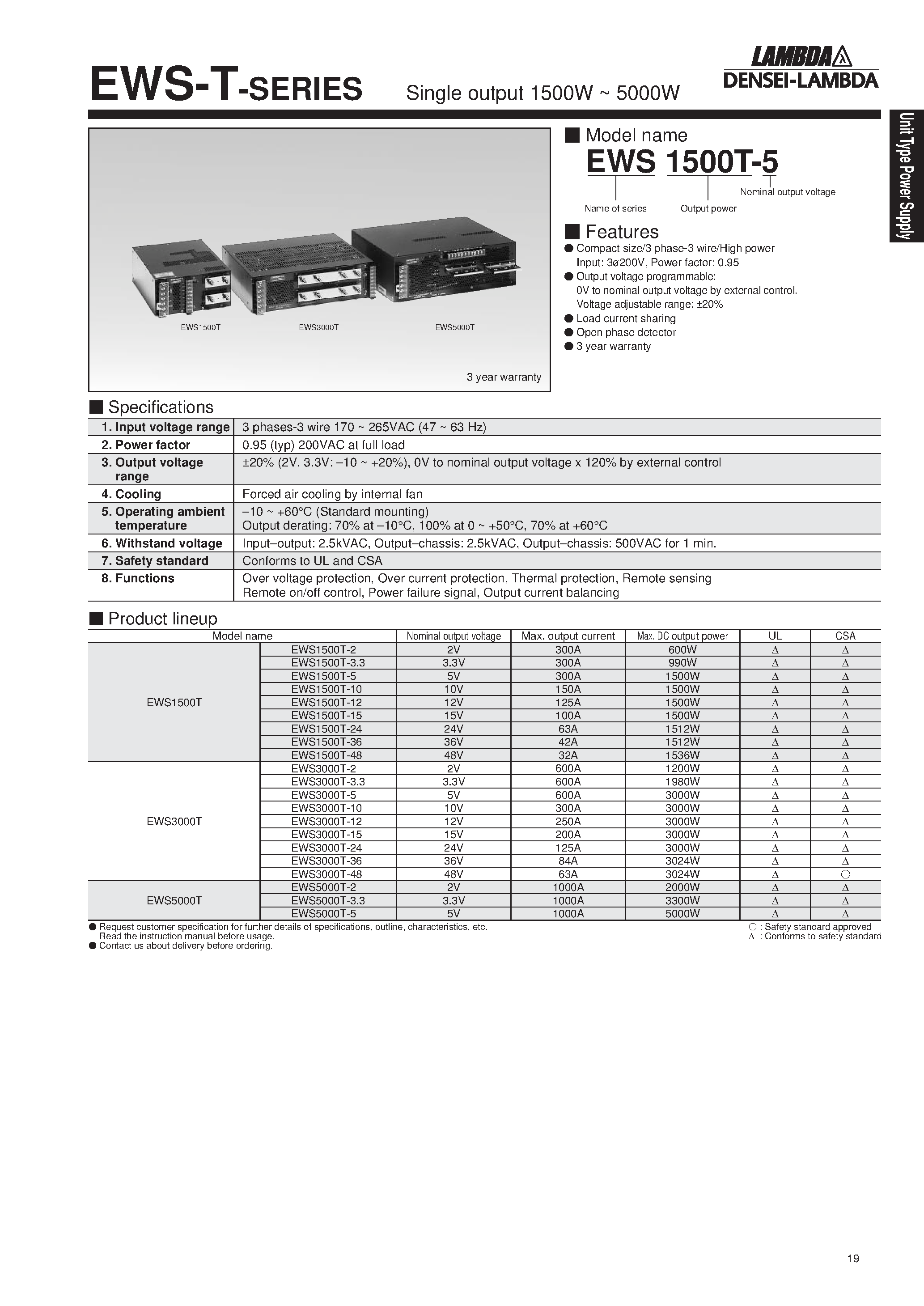 Datasheet EWS1500T-5 - Single output 1500W ~ 5000W page 1