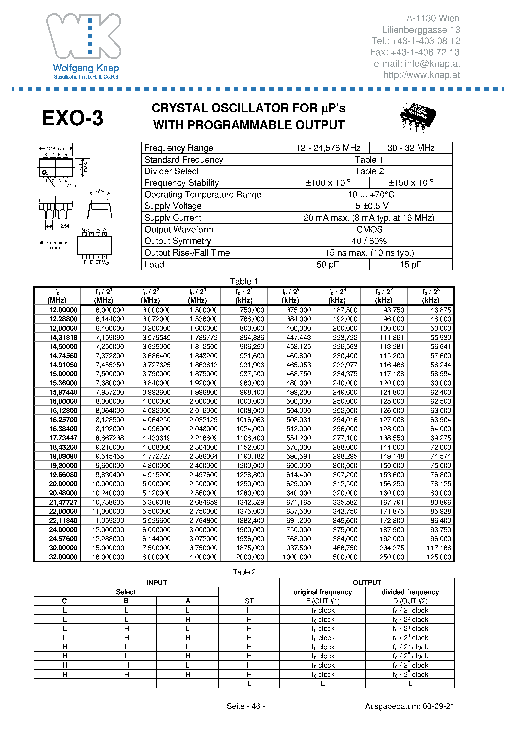 Datasheet EXO-3 - CRYSTAL OSCILLATOR FOR uPs WITH PROGRAMMBLE OUTPUT page 1