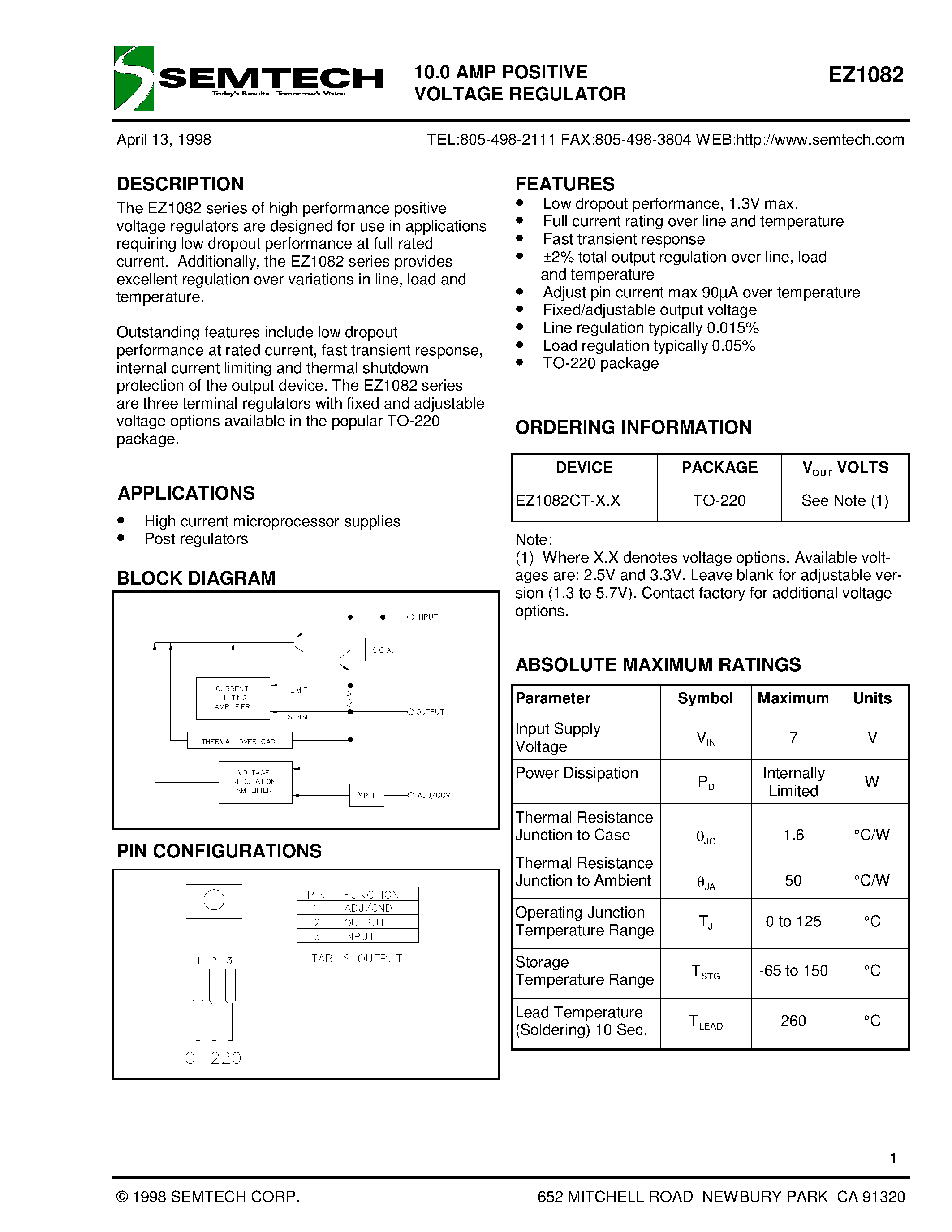 Datasheet EZ1082CT-3.3 - 10.0 AMP POSITIVE VOLTAGE REGULATOR page 1