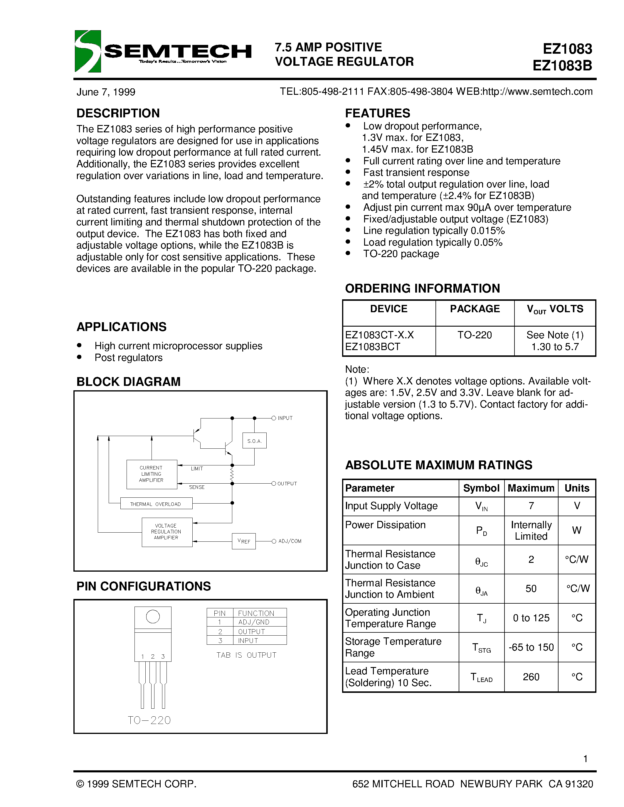 Datasheet EZ1083B - 7.5 AMP POSITIVE VOLTAGE REGULATOR page 1