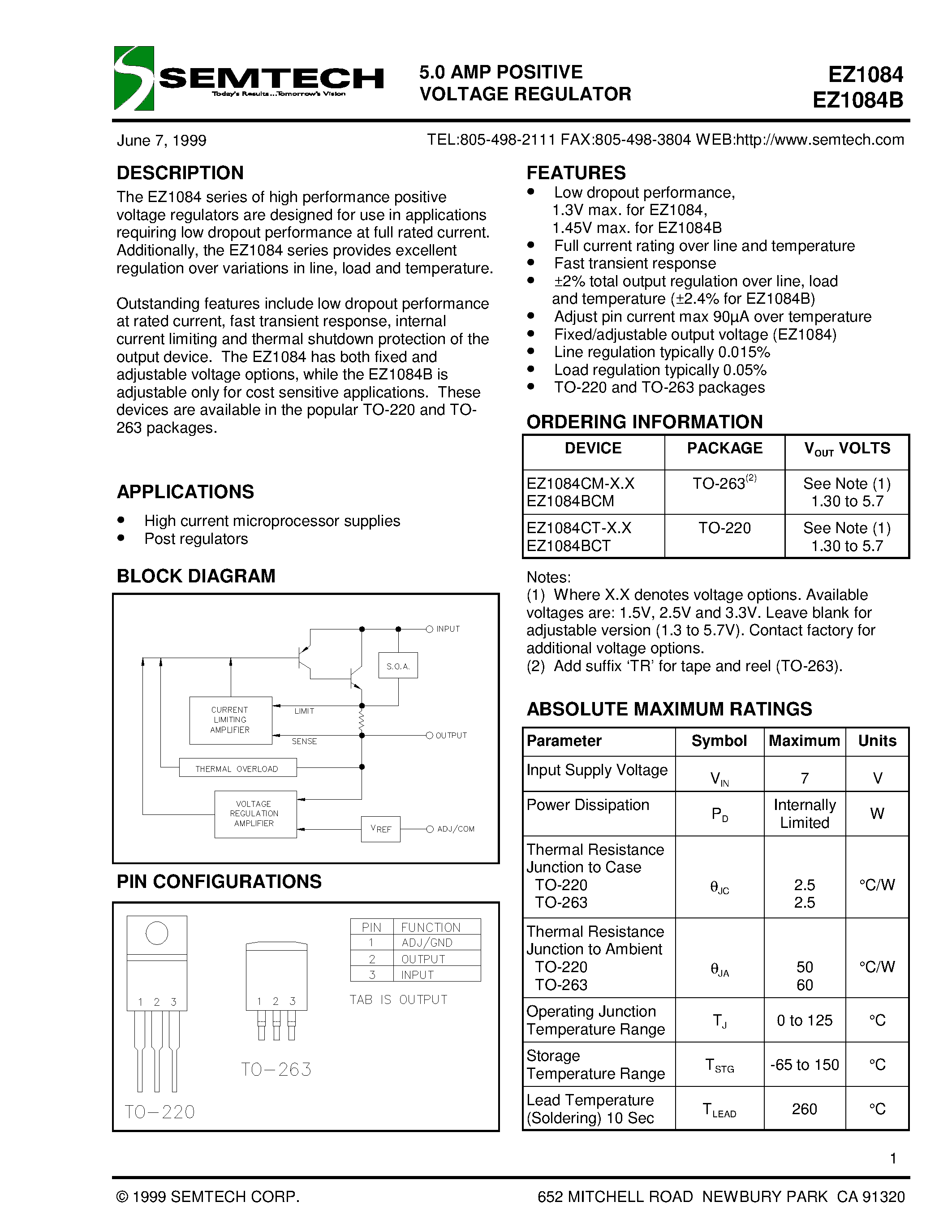 Даташит на микросхему EZ1084CT-3.3 страница 1 Даташит EZ1084CT-3.3 - 5.0 AMP POSITIVE VOLTAGE REGULATOR страница 1