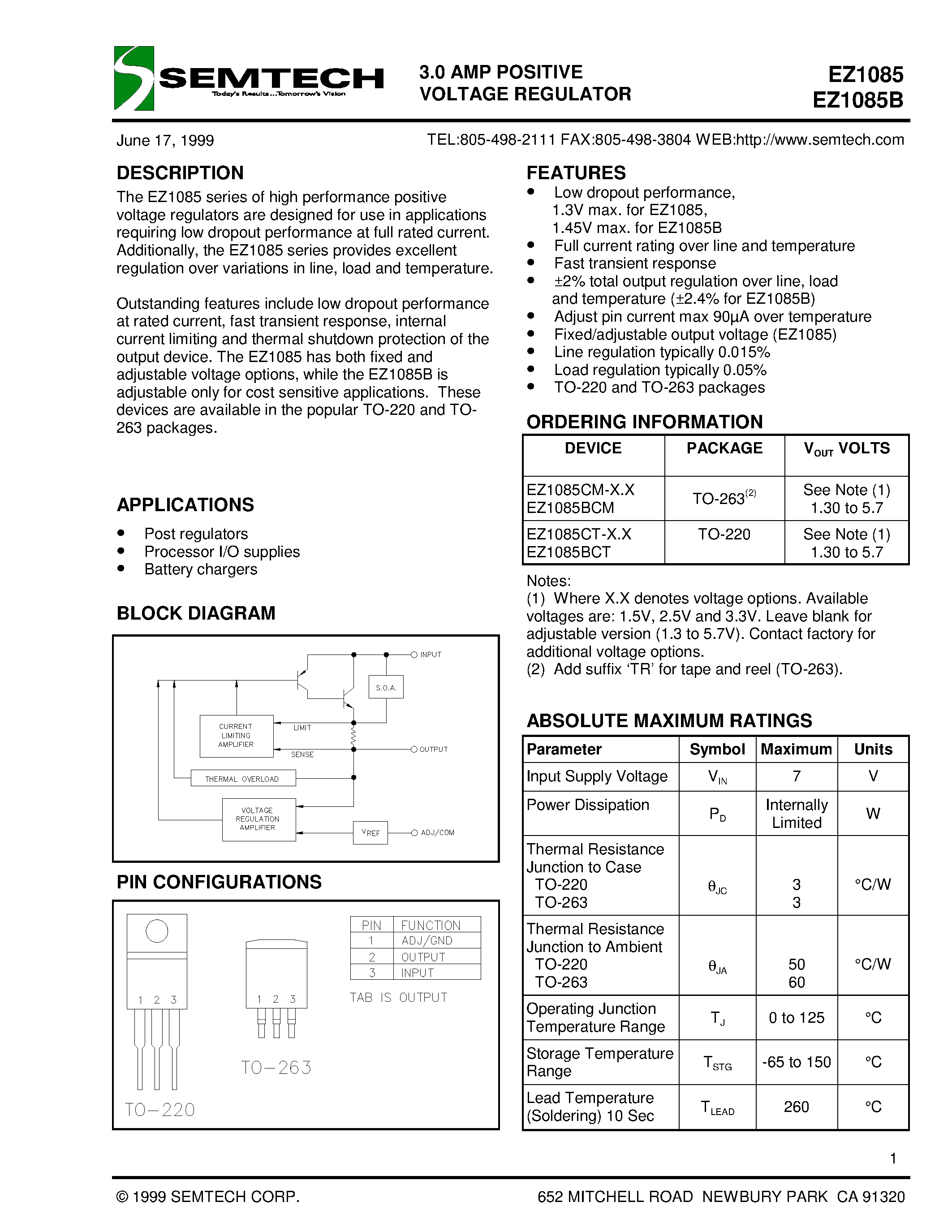 Datasheet EZ1085BCT page 1 Datasheet EZ1085BCT - 3.0 AMP POSITIVE VOLTAGE REGULATOR page 1