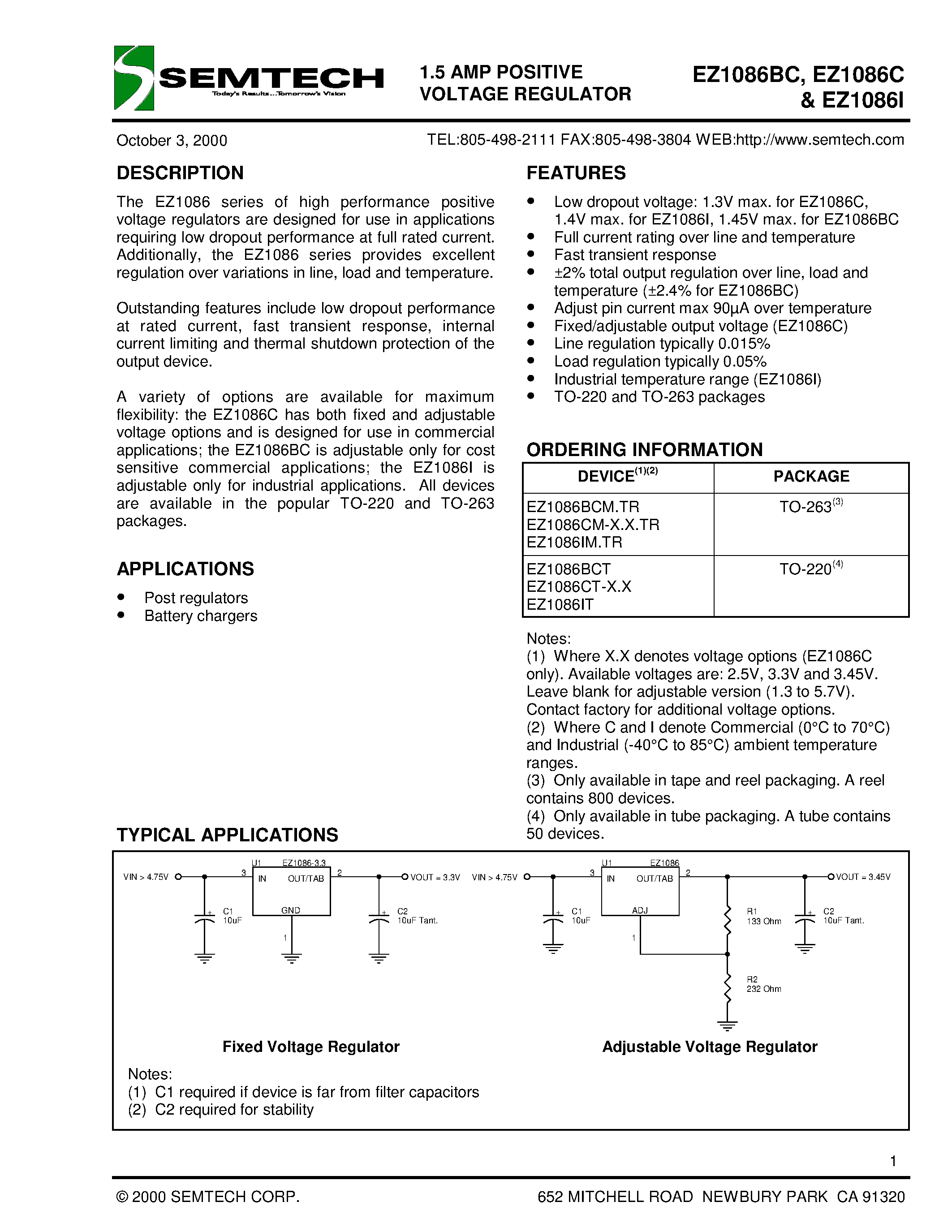 Datasheet EZ1086C page 1 Datasheet EZ1086C - 1.5 AMP POSITIVE VOLTAGE REGULATOR page 1