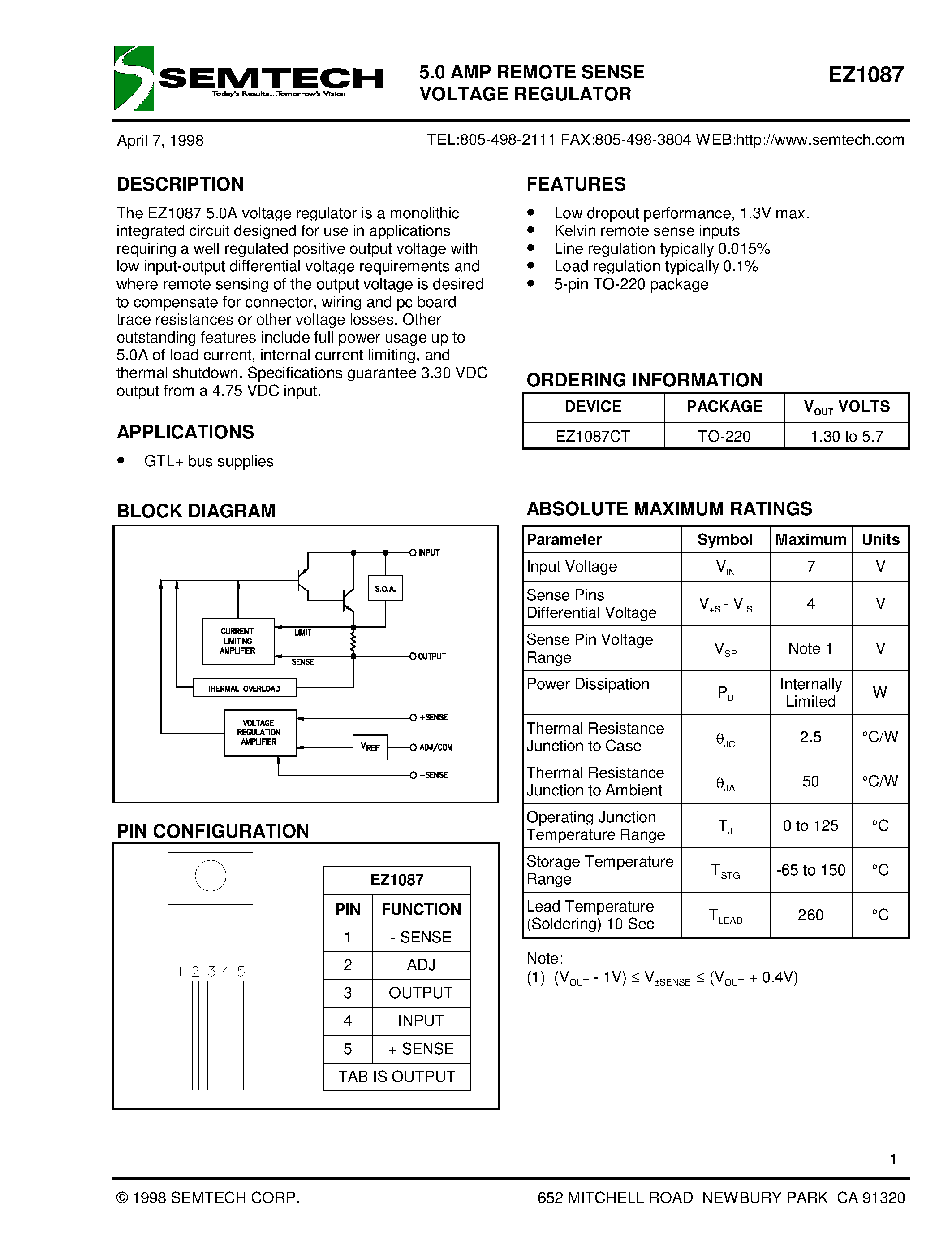 Datasheet EZ1087 page 1 Datasheet EZ1087 - 5.0 AMP REMOTE SENSE VOLTAGE REGULATOR page 1