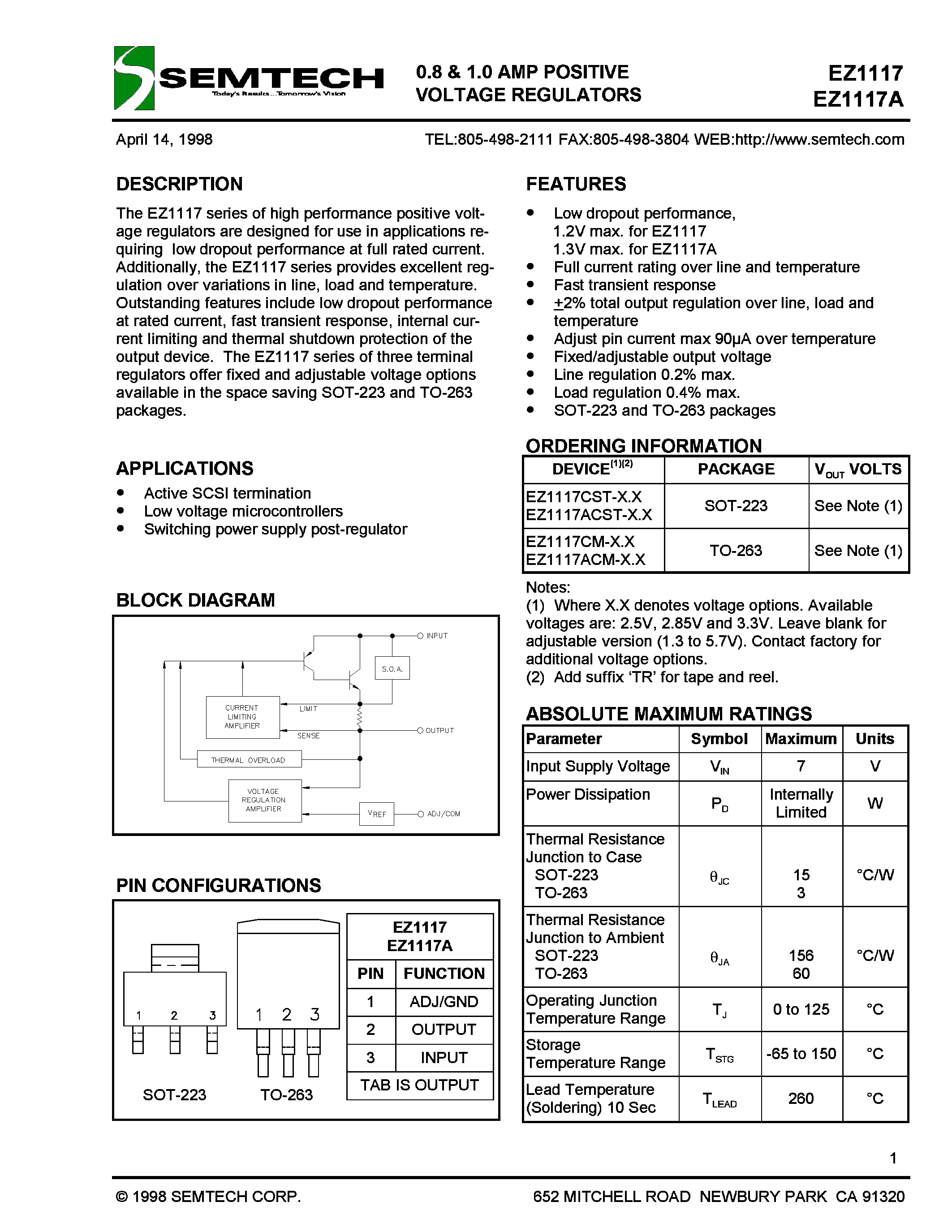 Datasheet EZ1117-2.85 - 0.8 & 1.0 AMP POSITIVE VOLTAGE REGULATORS page 1