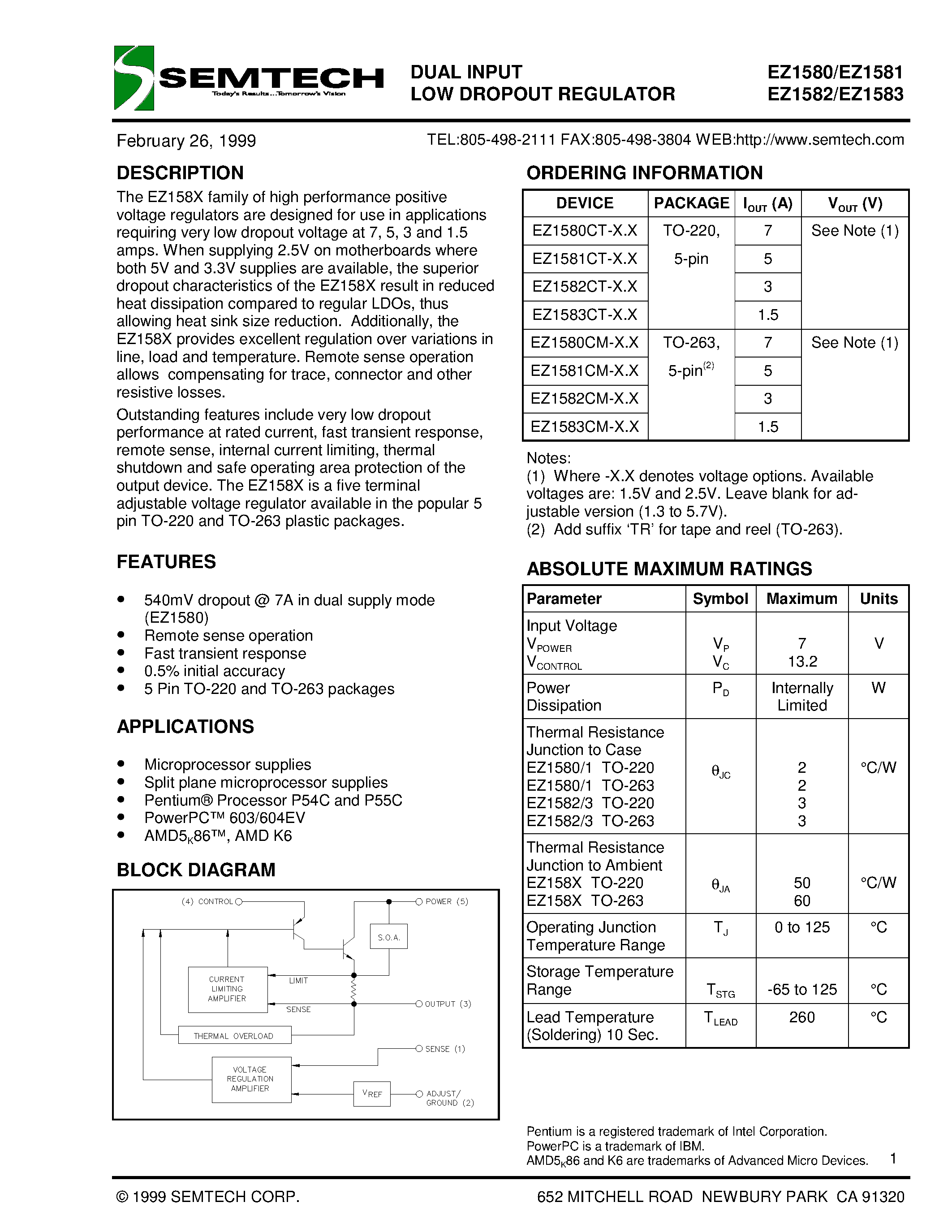 Datasheet EZ1580CT-2.5 - DUAL INPUT LOW DROPOUT REGULATOR page 1