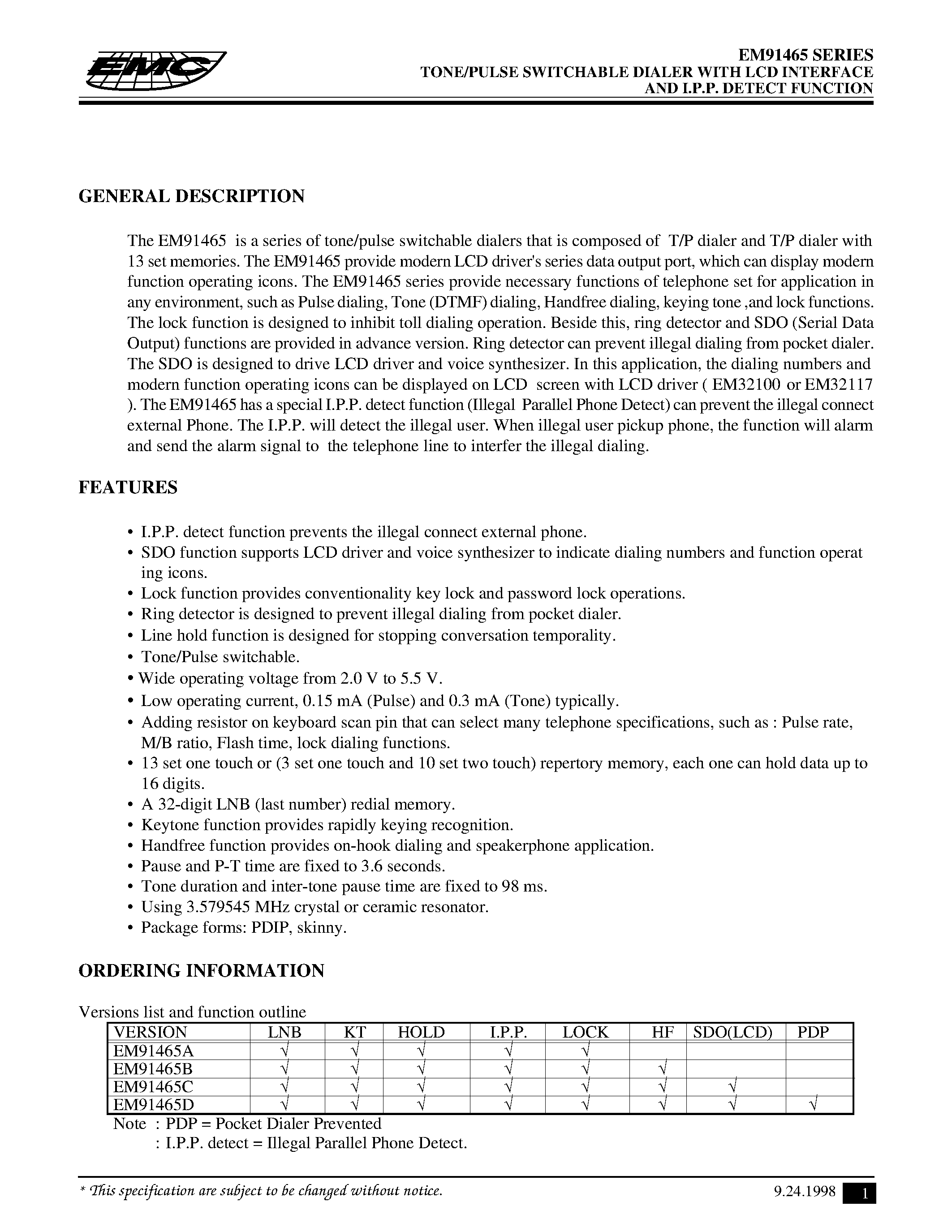 Даташит EM91465 - TONE/PULSE DIALER WITH LCD INTERFACE AND I.P.P. DETECT FUNCTION страница 1