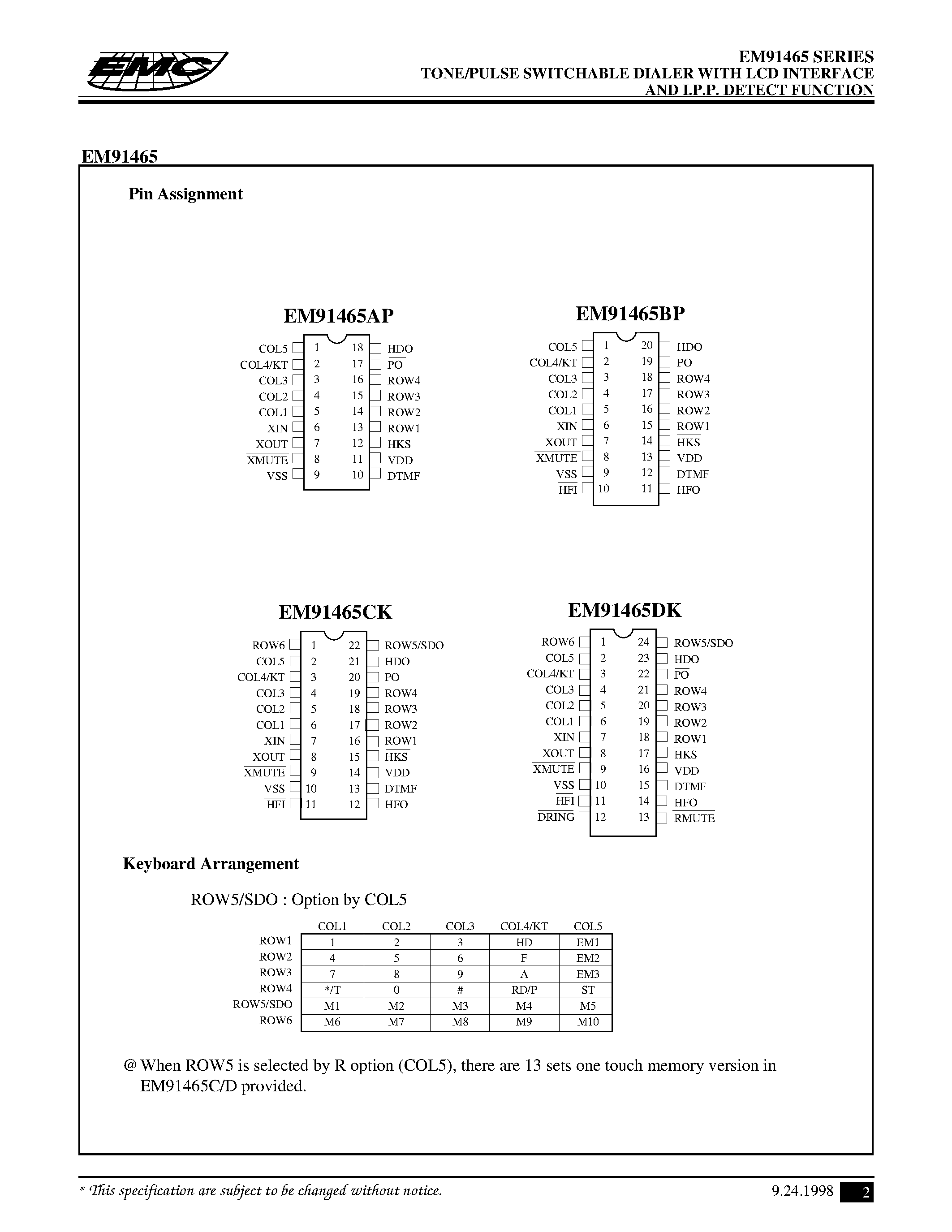 Даташит EM91465BP - TONE/PULSE DIALER WITH LCD INTERFACE AND I.P.P. DETECT FUNCTION страница 2