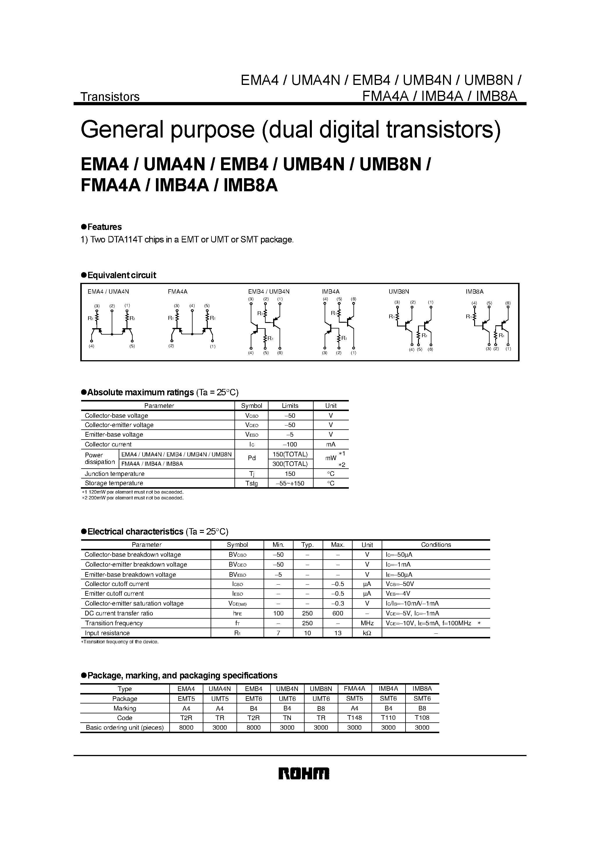 Даташит EMA4 - General purpose (dual digital transistors) страница 1