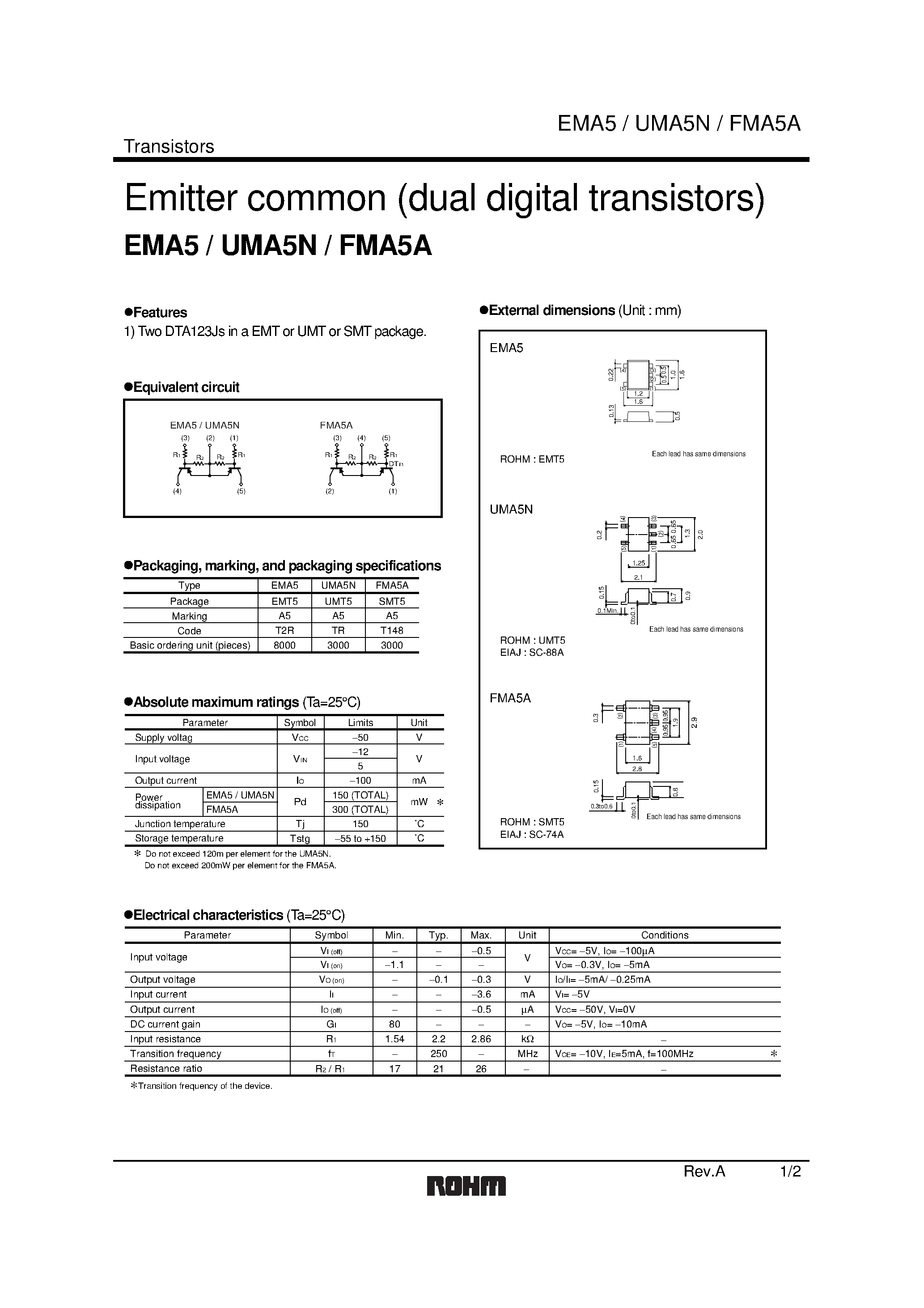 Даташит EMA5 - Emitter common (dual digital transistors) страница 1