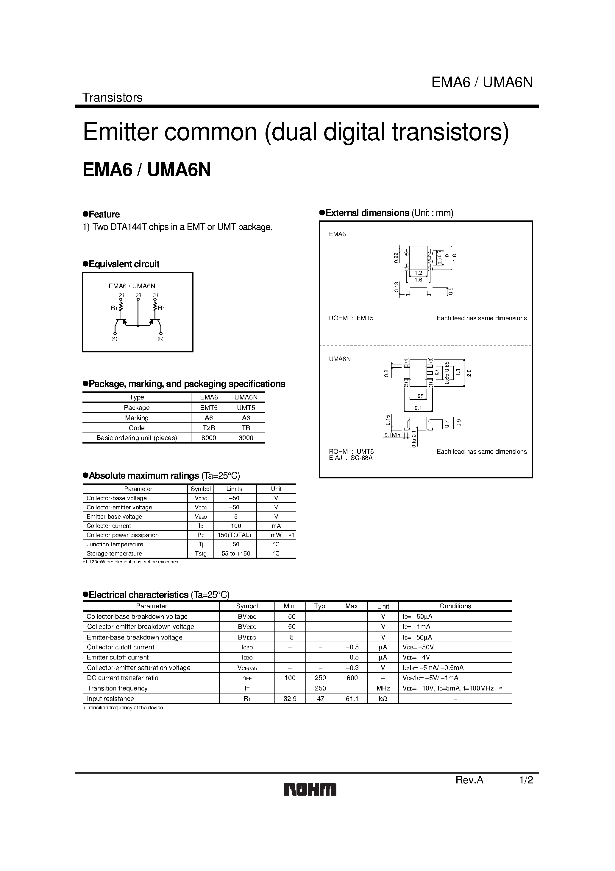 Даташит EMA6 - Emitter common (dual digital transistors) страница 1