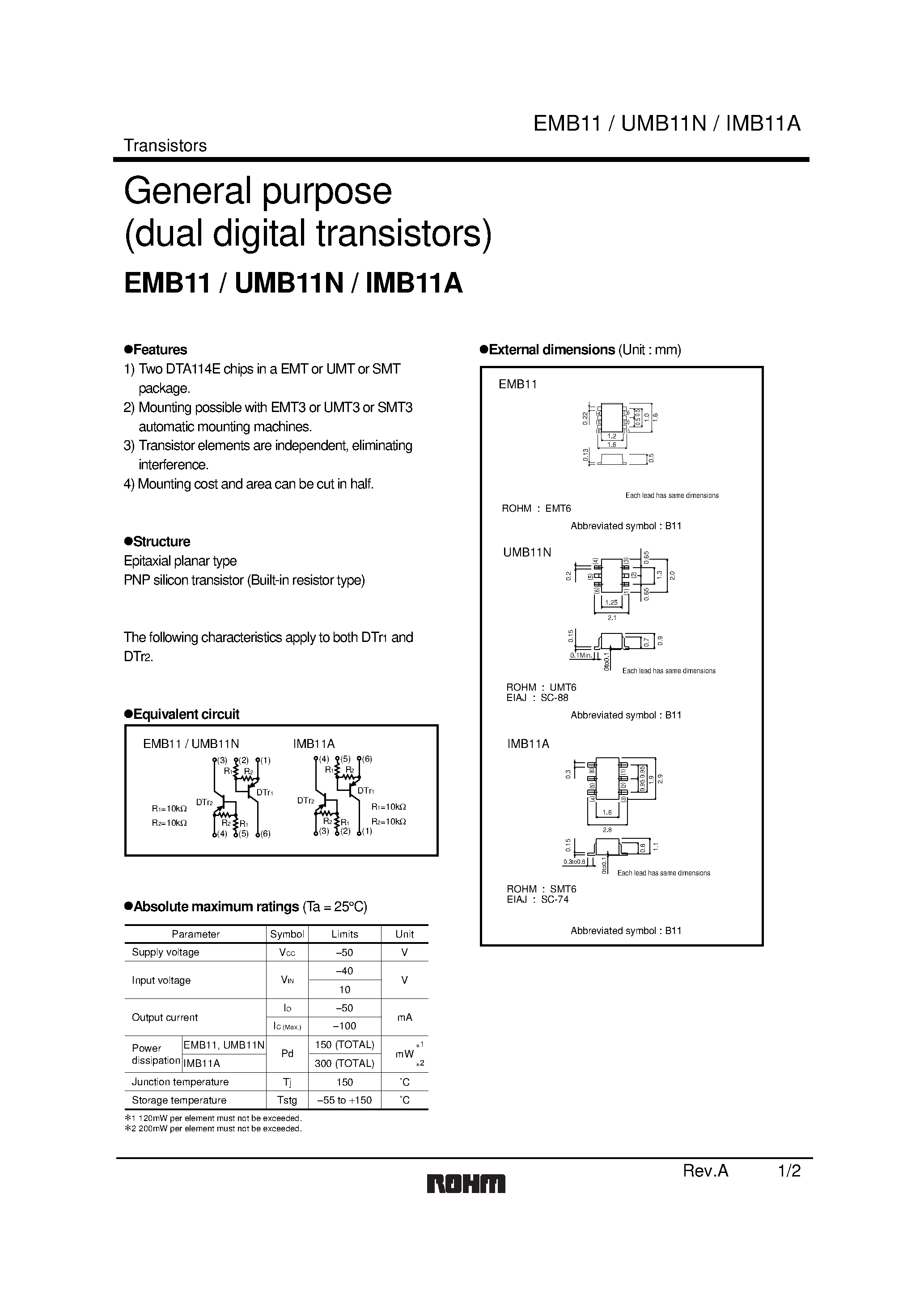 Даташит EMB11 - General purpose (dual digital transistors) страница 1