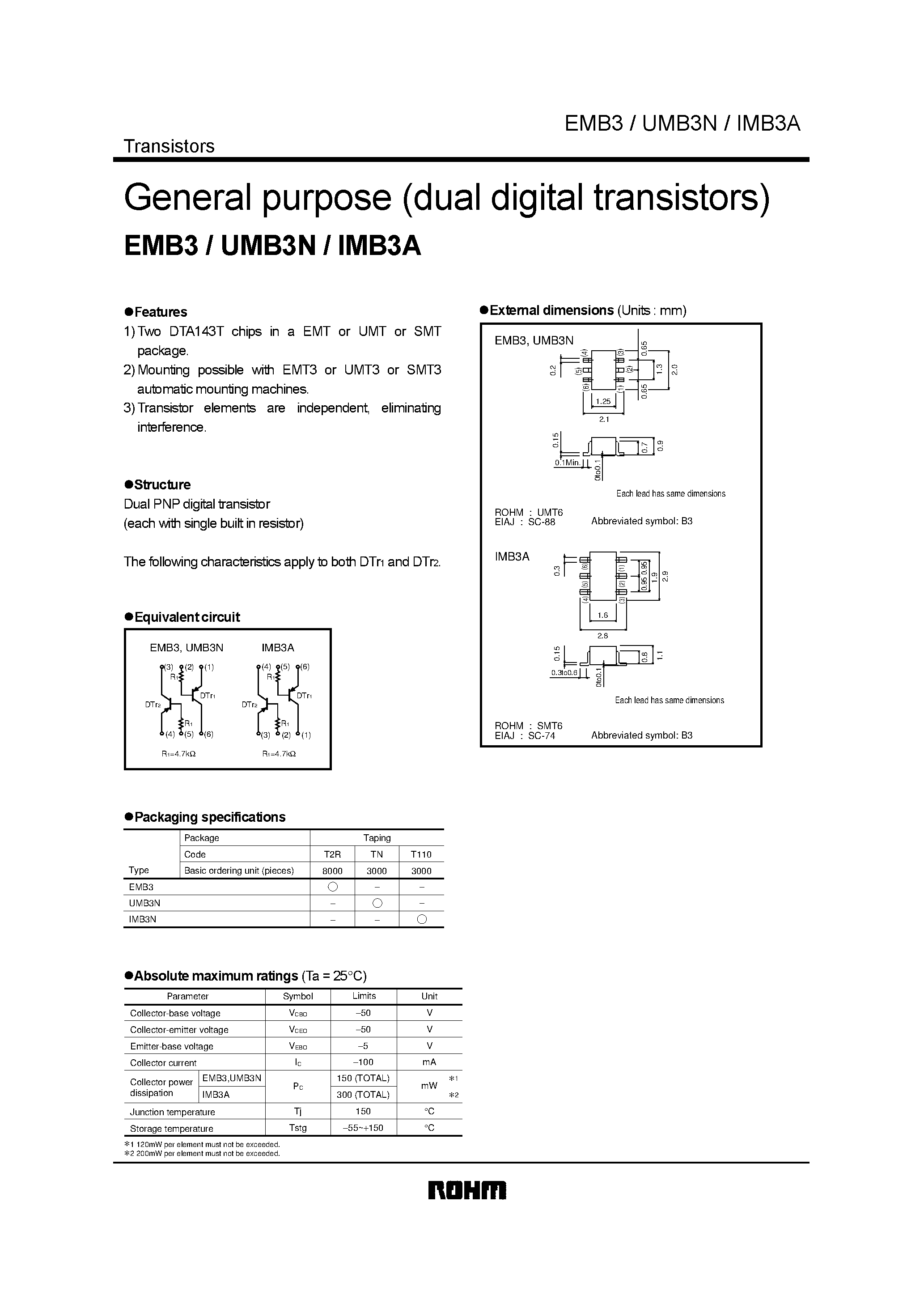 Даташит EMB3 - General purpose (dual digital transistors) страница 1