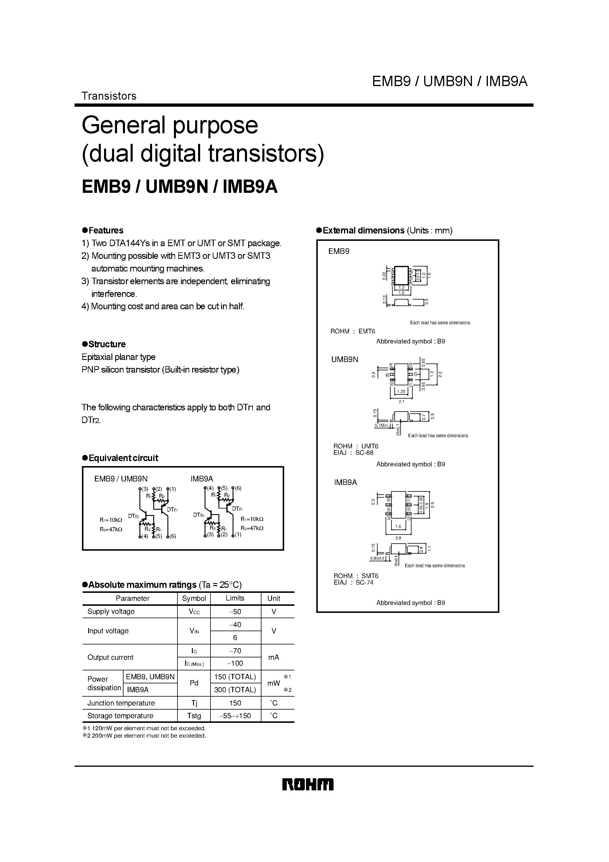 Даташит EMB9 - General purpose dual digital transistors страница 1