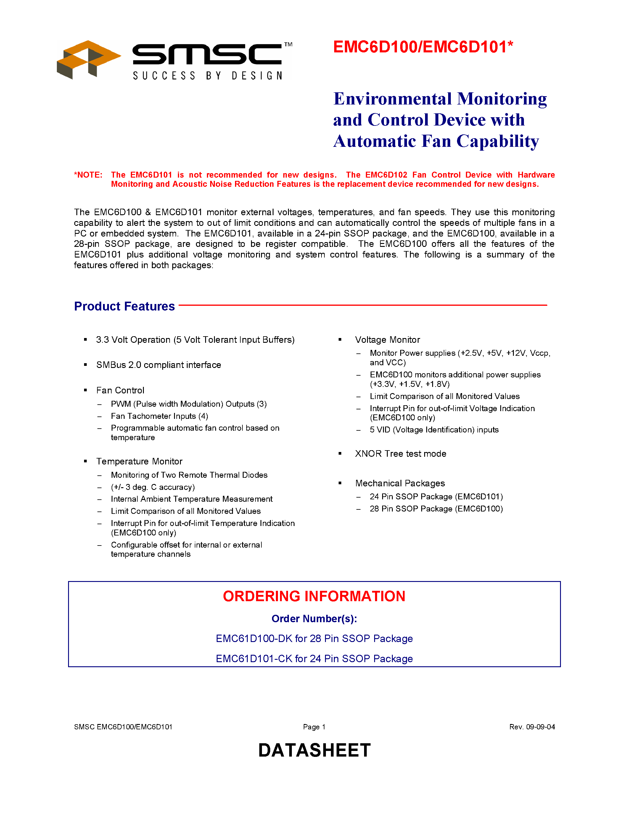 Datasheet EMC6D101-CK - ENVIRONMENTAL MONITORING AND CONTROL DEVICE WITH AUTOMATIC FAN CAPABILITY page 1