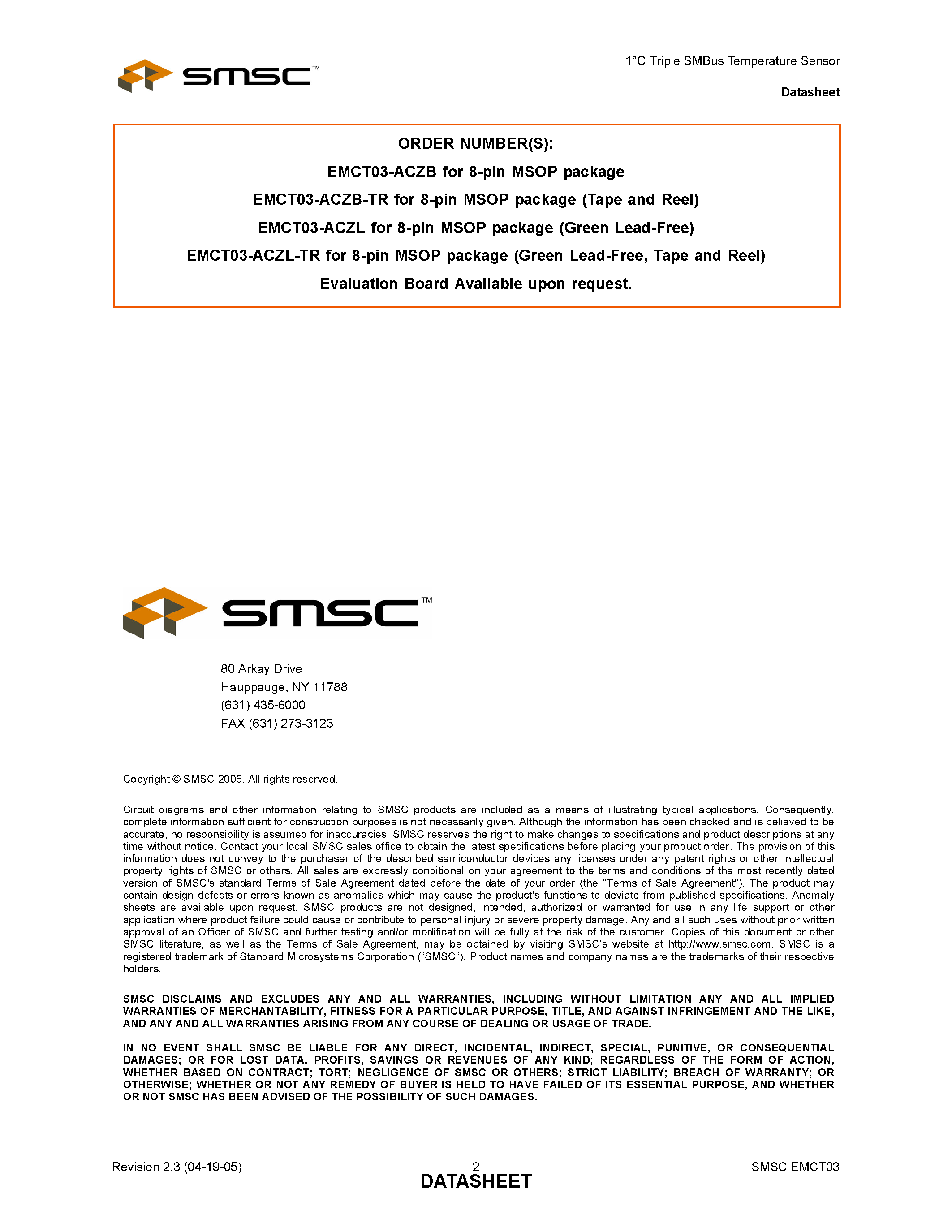 Datasheet EMCT03-ACZB - 1C TRIPLE SMBUS TEMPERATURE SENSOR page 2