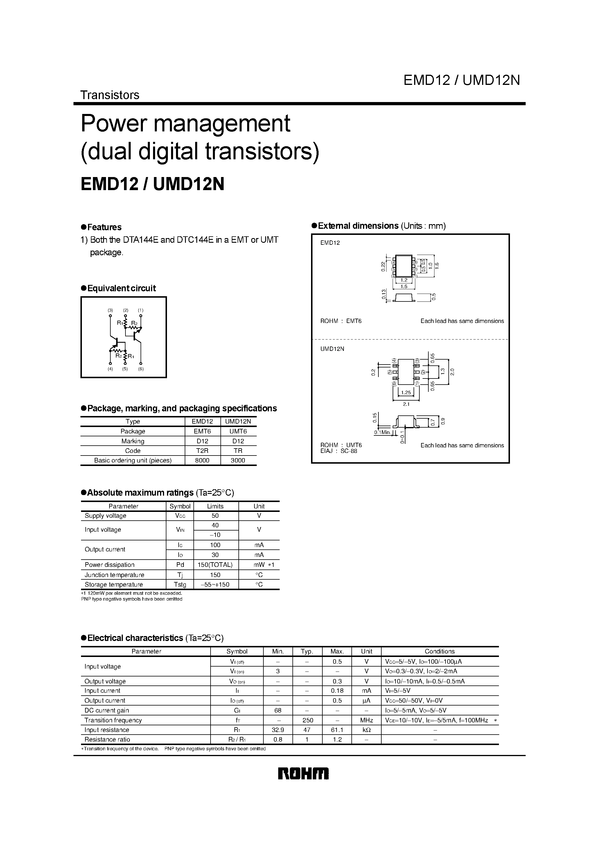 Даташит EMD12 - Power management (dual digital transistors) страница 1